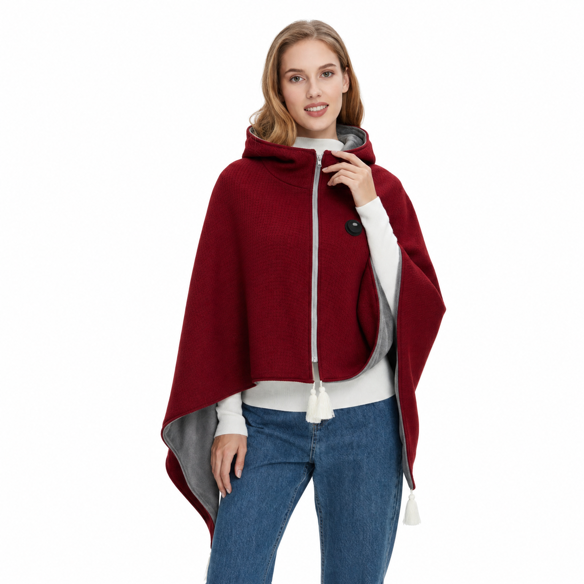 Abbraccio heated shoulder wrap in Rubino red on a white background