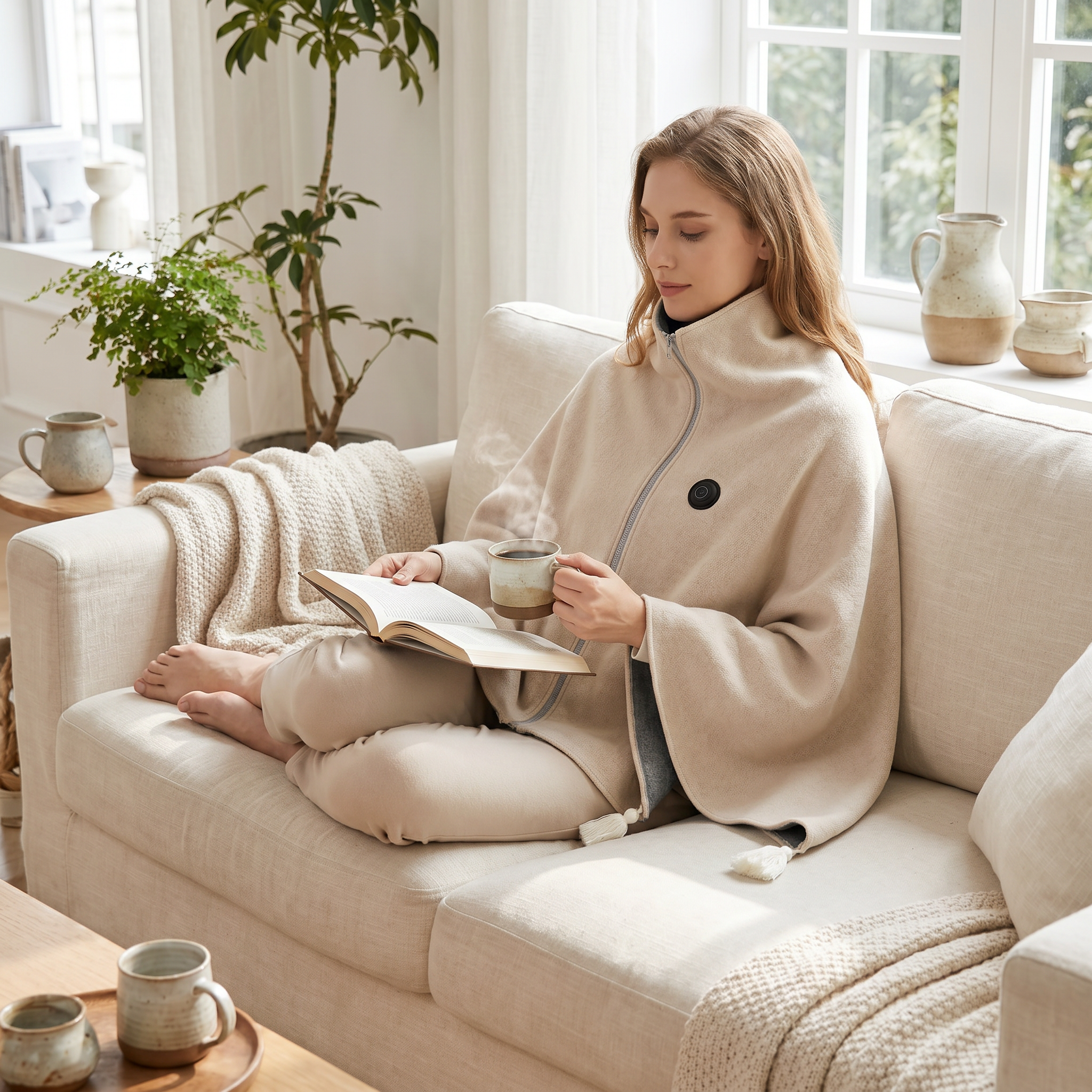 Woman reading on a sofa wearing the Abbraccio cream heated knit wrap