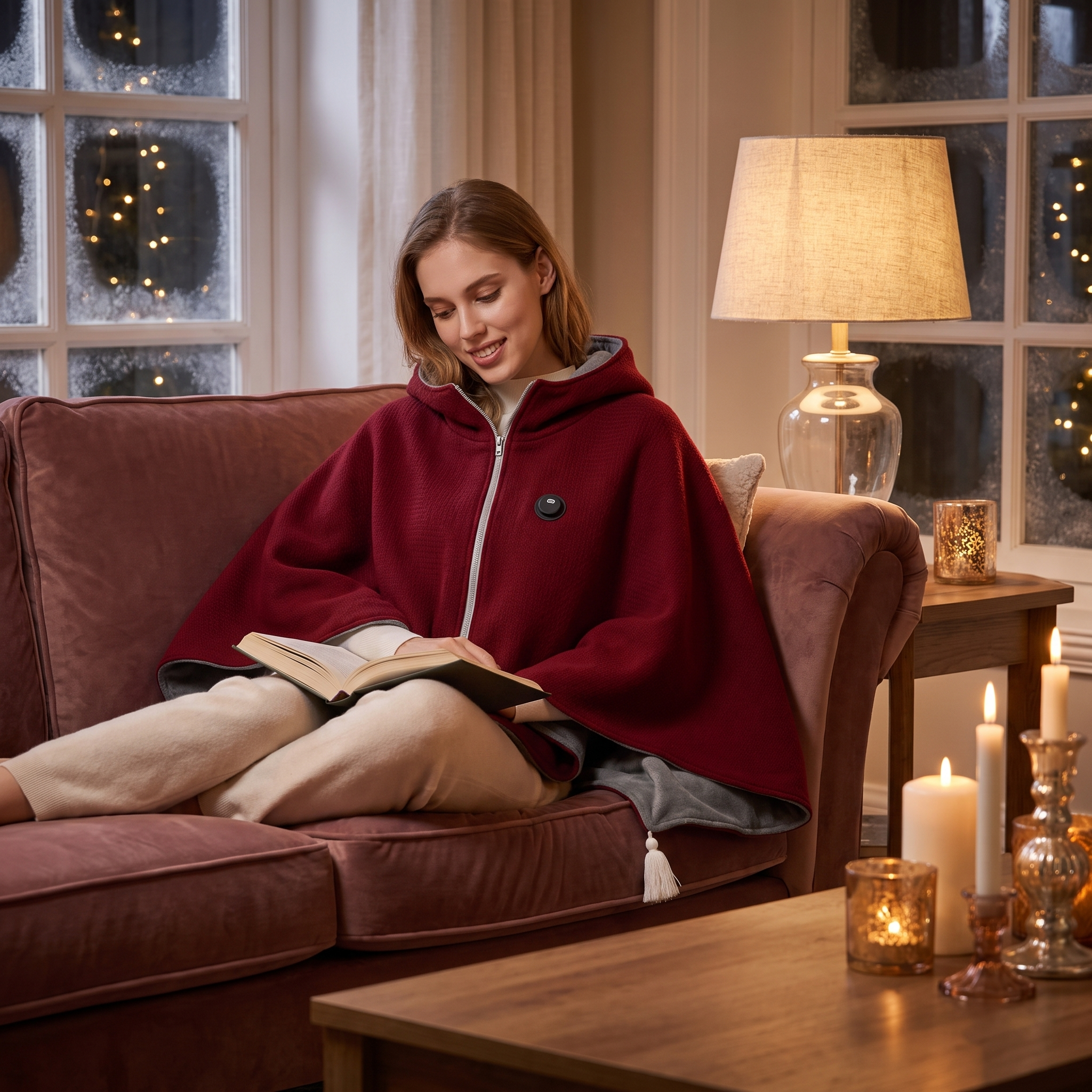Woman reading by candlelight wearing the Abbraccio red heated knit wrap