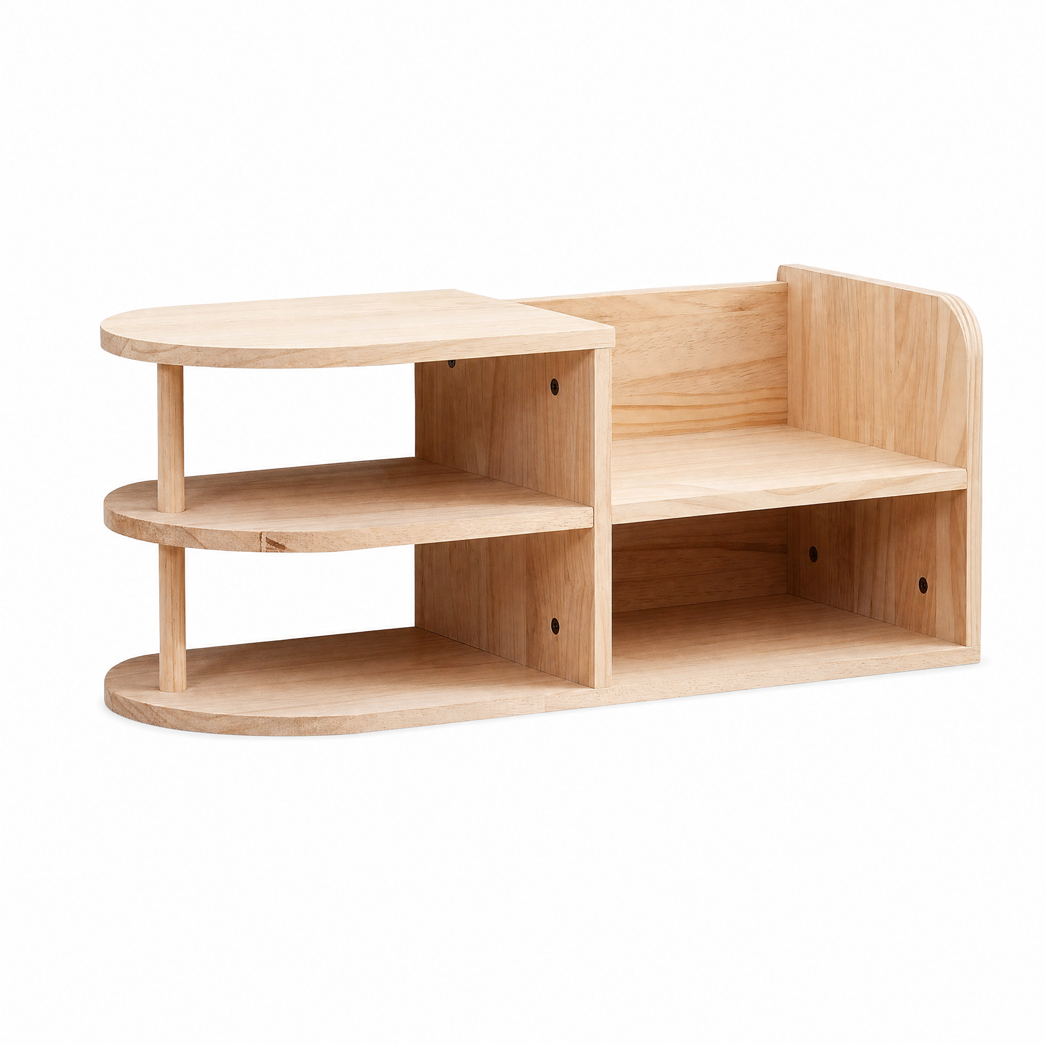 Piccolo Passo Montessori pine shoe rack on a white studio background