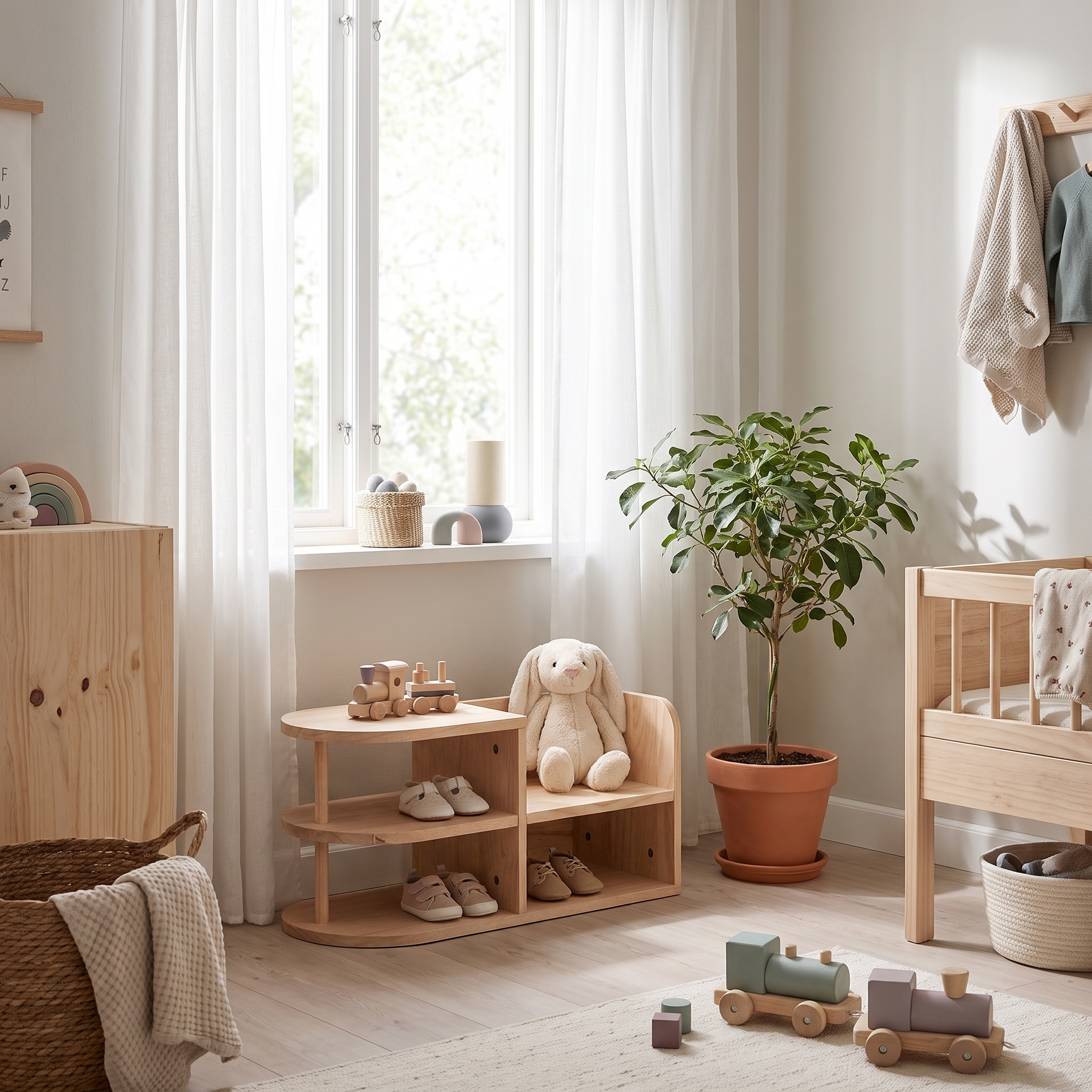 Two-tier pine kids shoe rack in a Scandinavian nursery with a toy train