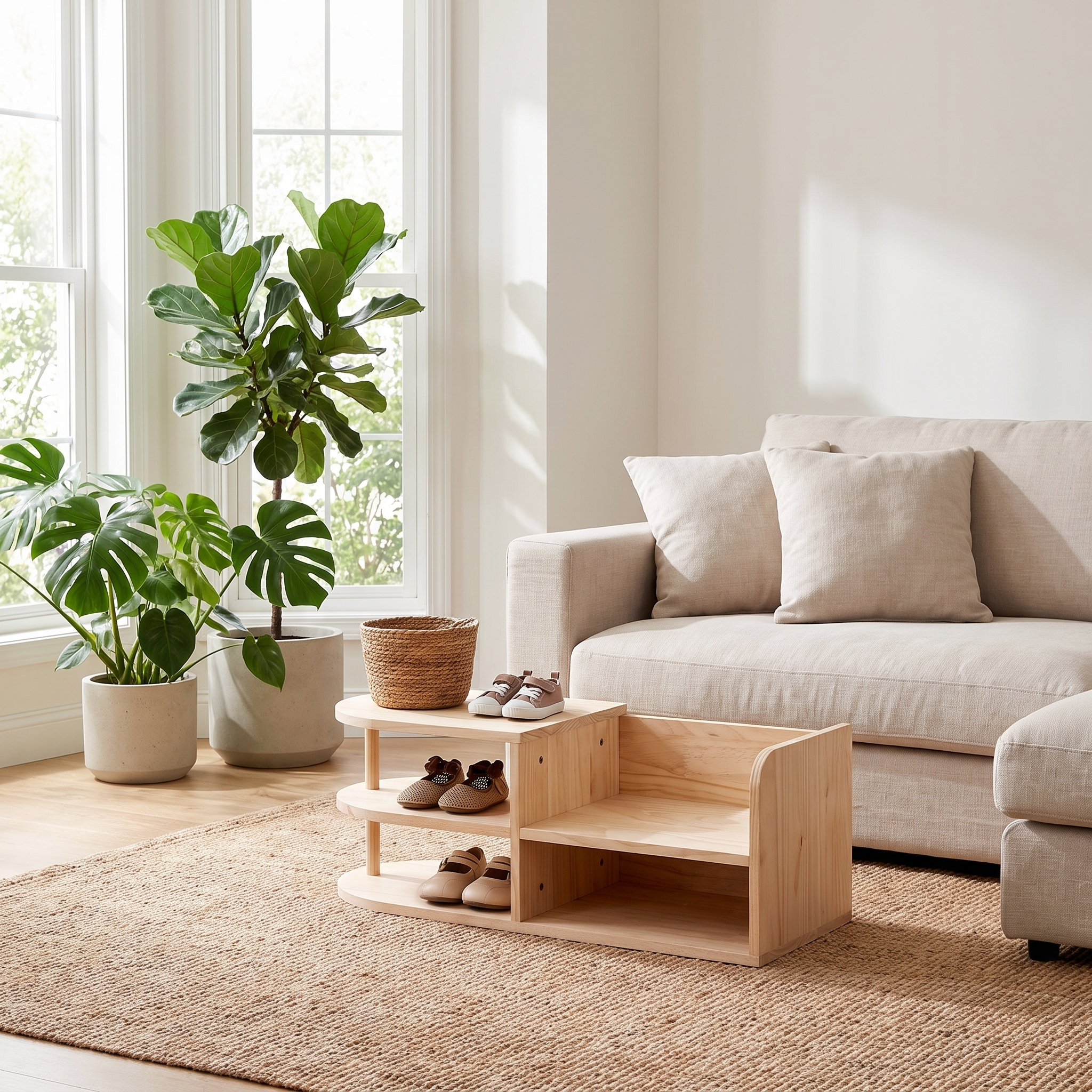 Montessori shoe rack beside a linen sofa in a bright living room