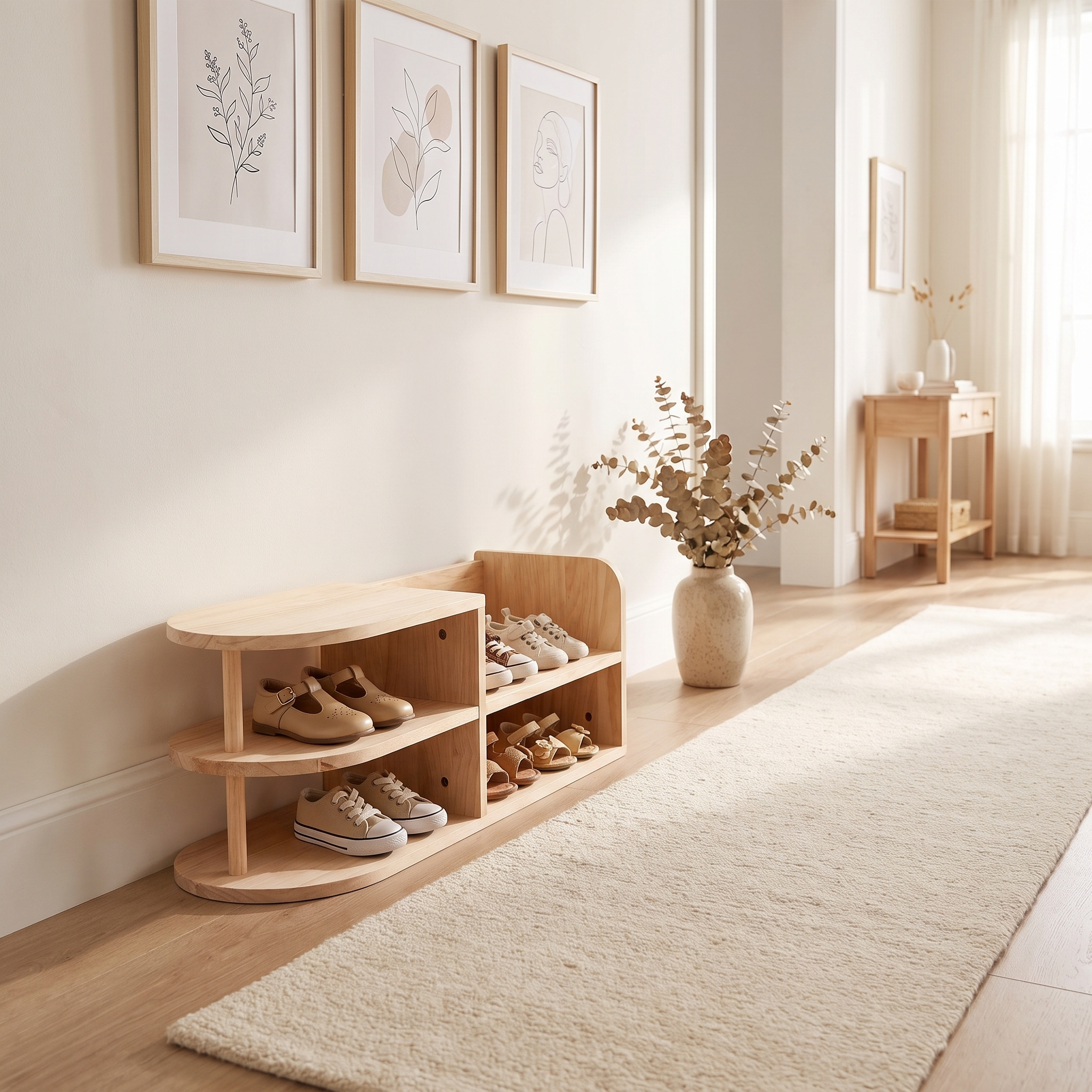 Pine two-tier shoe rack in a bright hallway below framed art