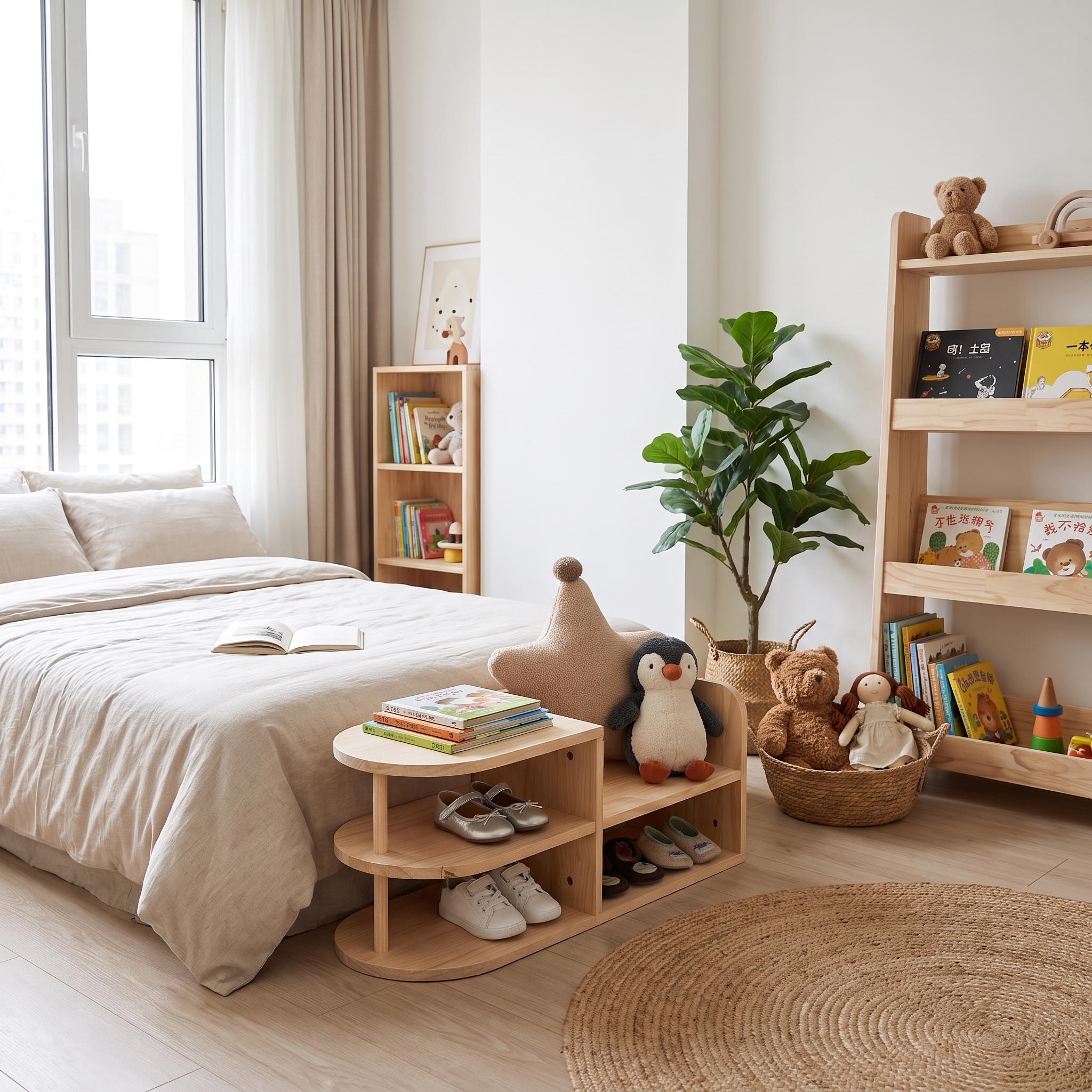 Montessori pine shoe rack at the foot of a low bed in a child's bedroom