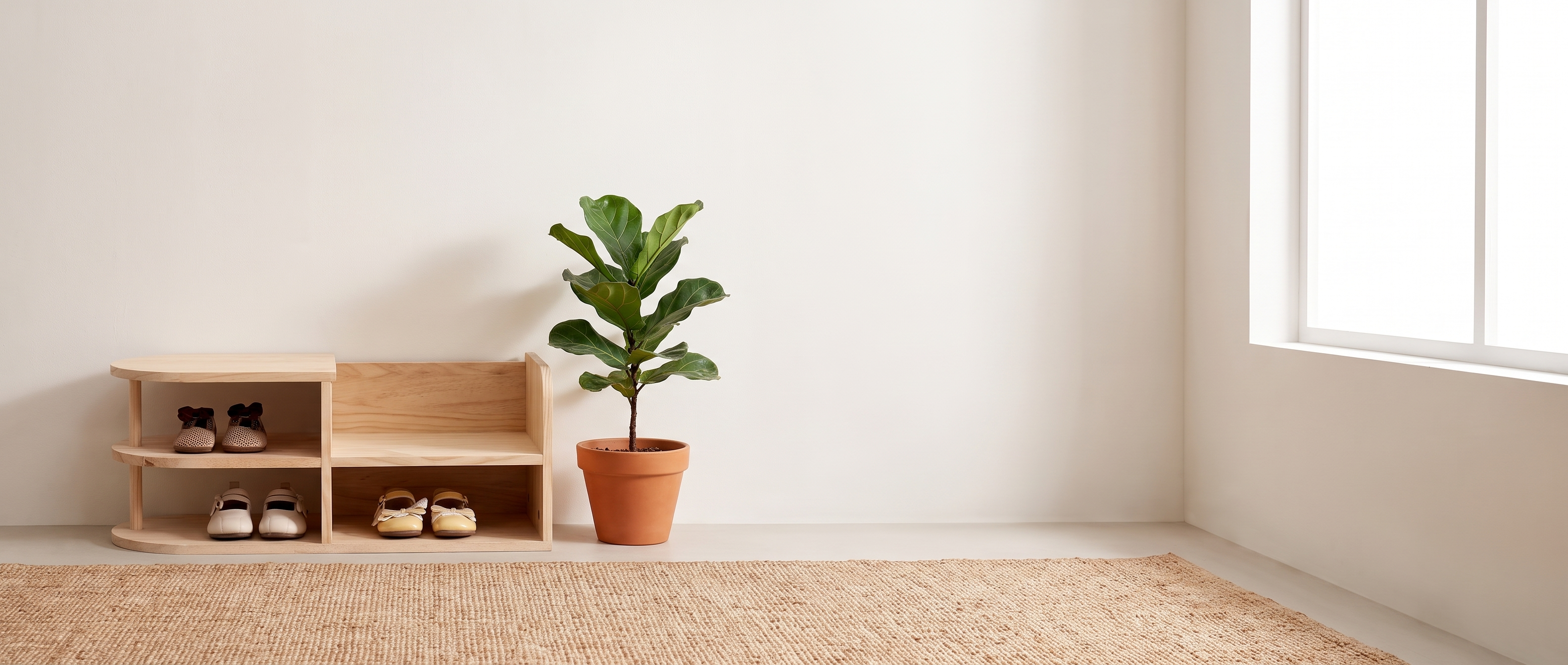 Piccolo Passo Montessori pine shoe rack banner in a bright entryway