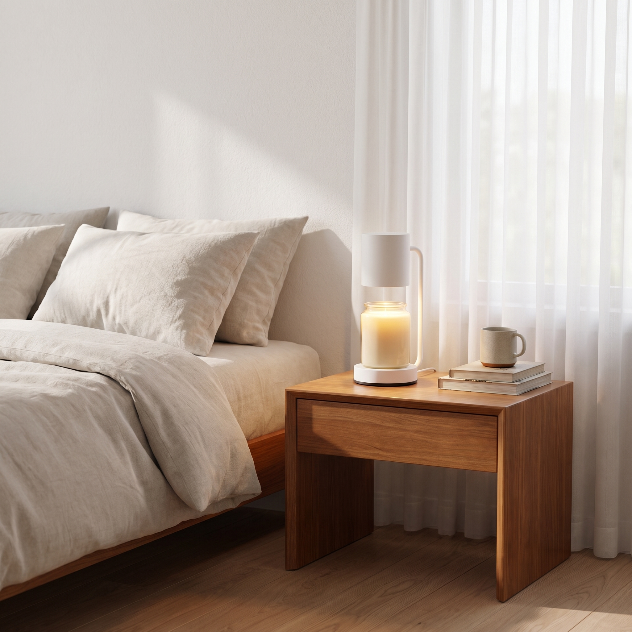 White candle warmer lamp glowing on a bedside nightstand