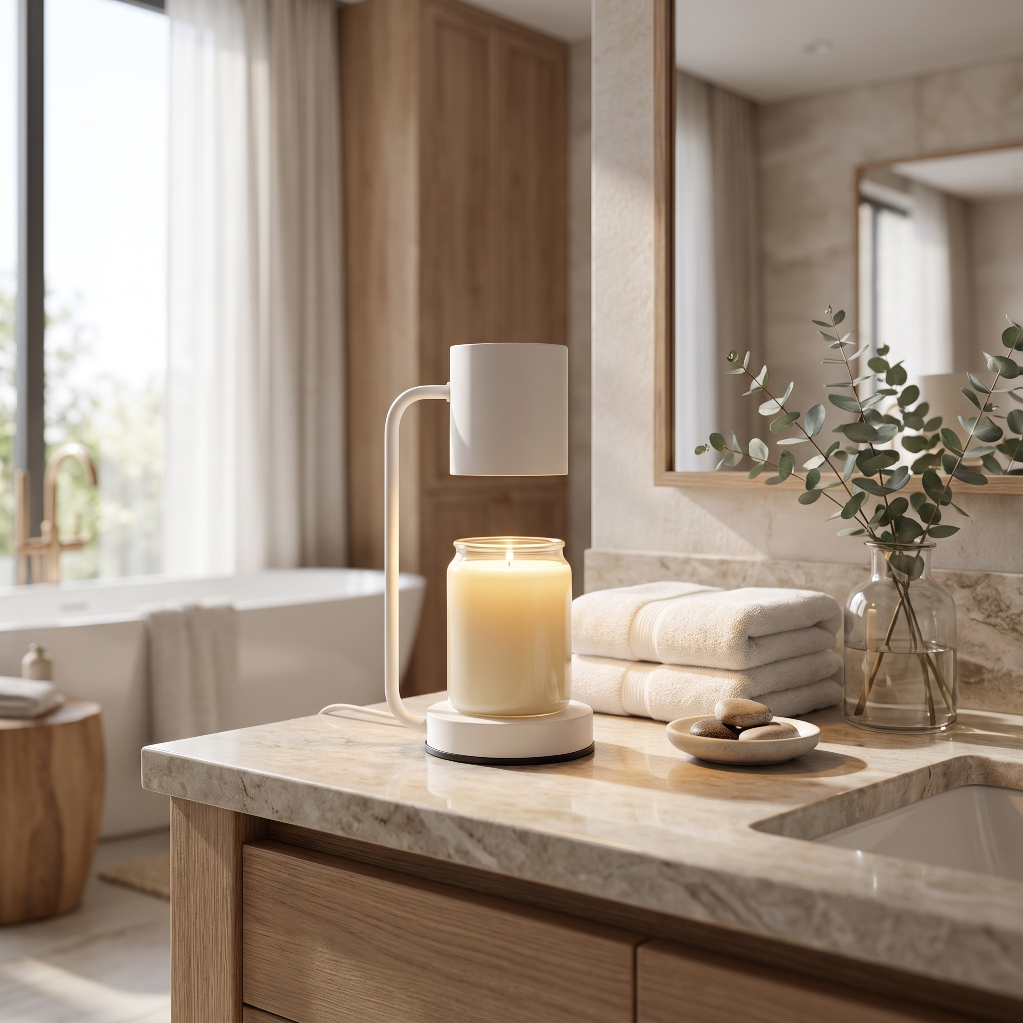 White candle warmer lamp on a spa bathroom vanity with towels