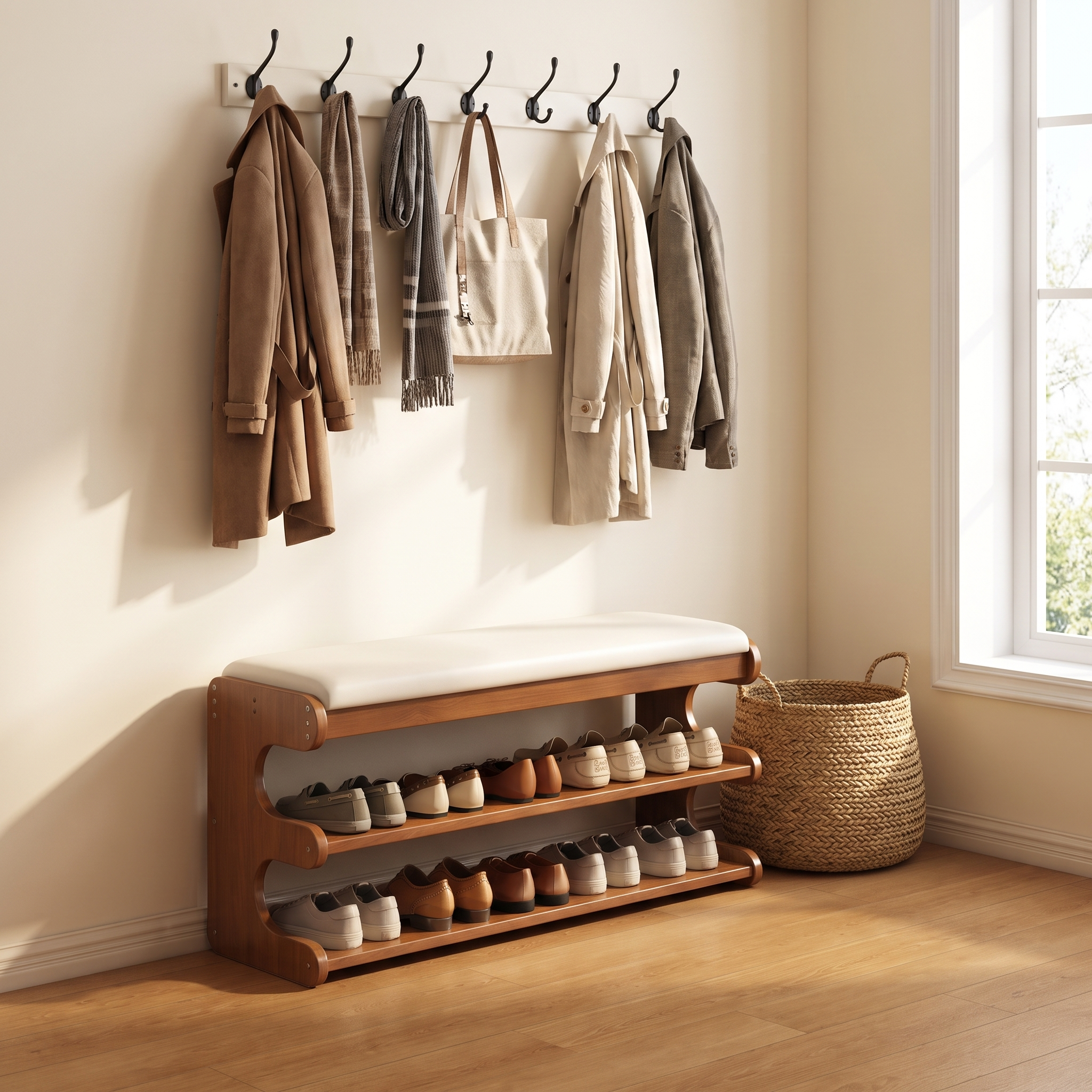 Bamboo shoe bench in a mudroom with wall hooks and a basket