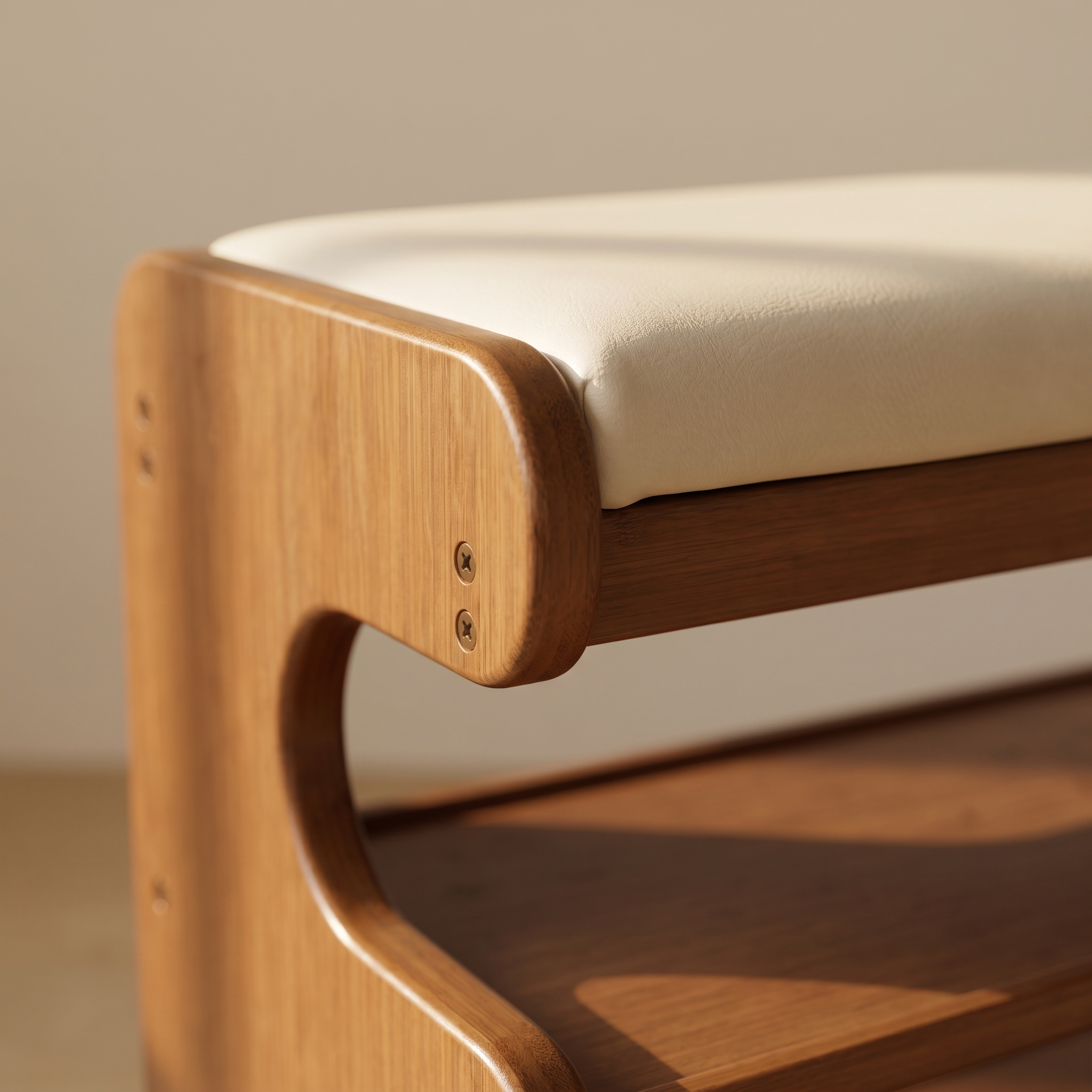 Close-up of the scalloped bamboo side and cream PU-leather seat