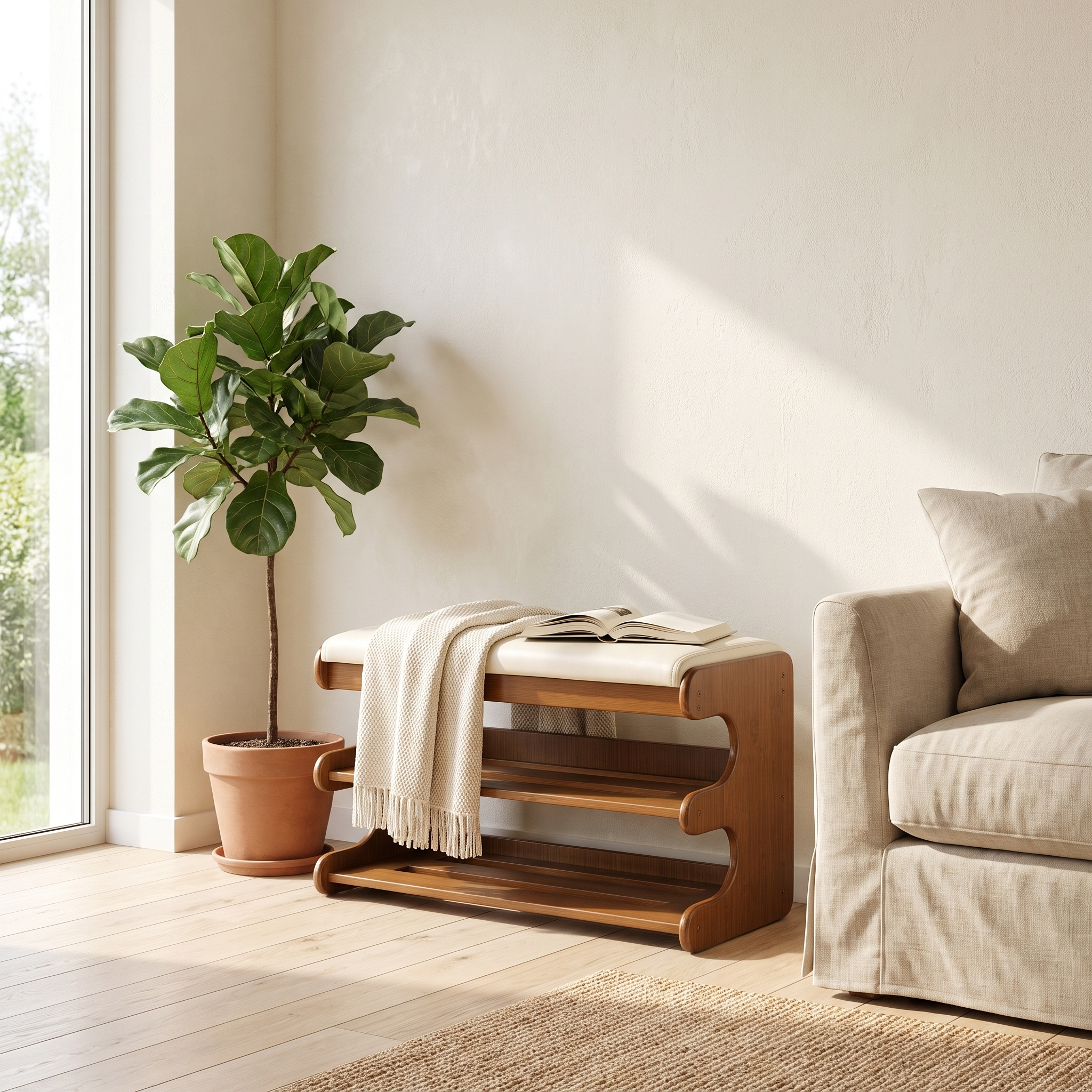 Bamboo shoe bench as seating in a bright living-room corner