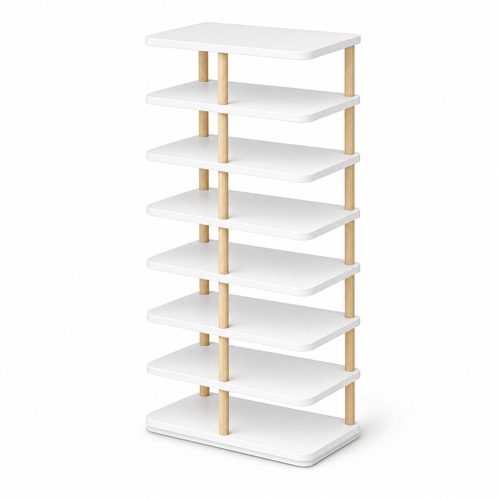 Torre Snella Tiered Shoe Rack in white with light wood posts, studio white background