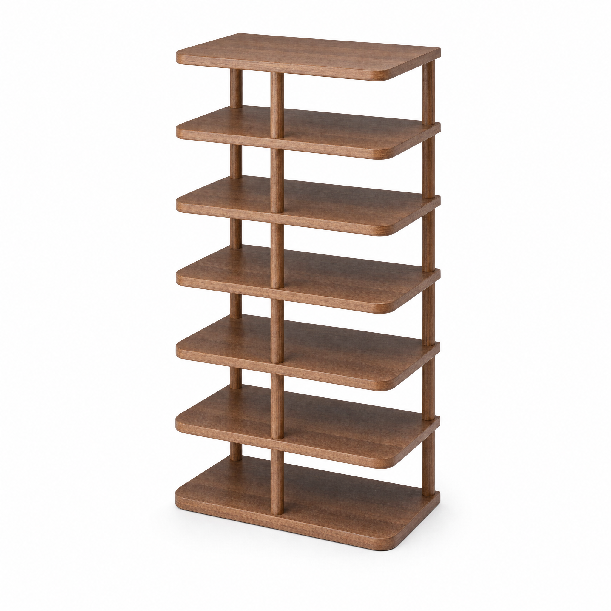 Torre Snella Tiered Shoe Rack in warm walnut, studio white background