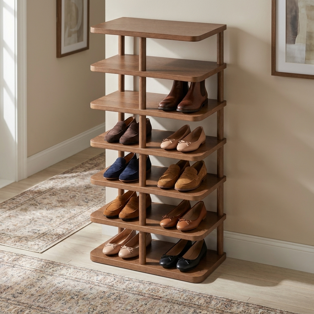 Walnut Torre Snella shoe rack in an elegant hallway with shoes on every tier