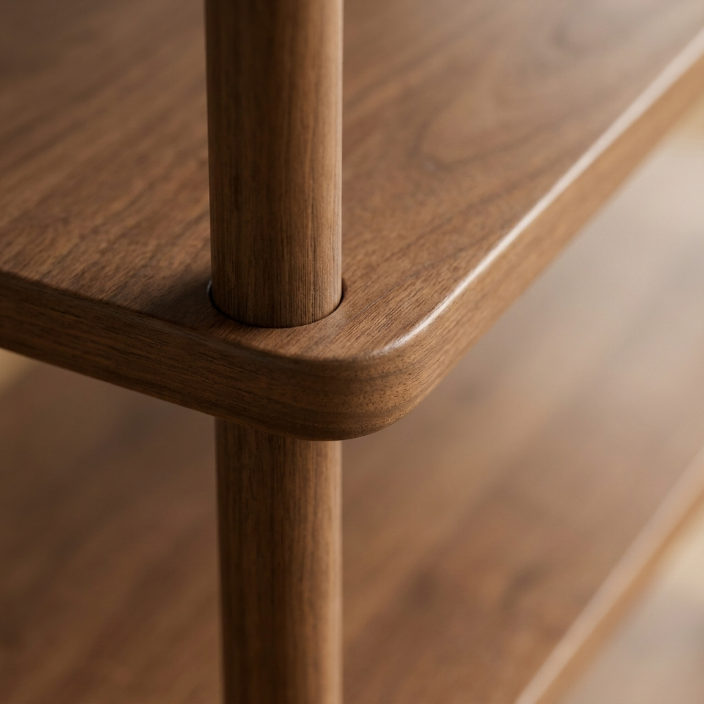 Close-up detail of the walnut shelf meeting the corner post, showing joinery and wood grain