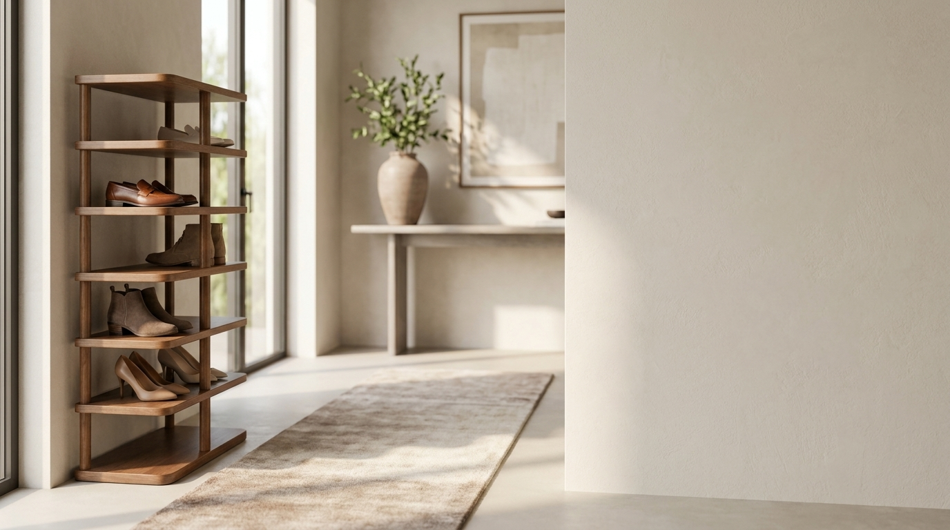 Torre Snella walnut tiered shoe rack in a spacious modern entryway