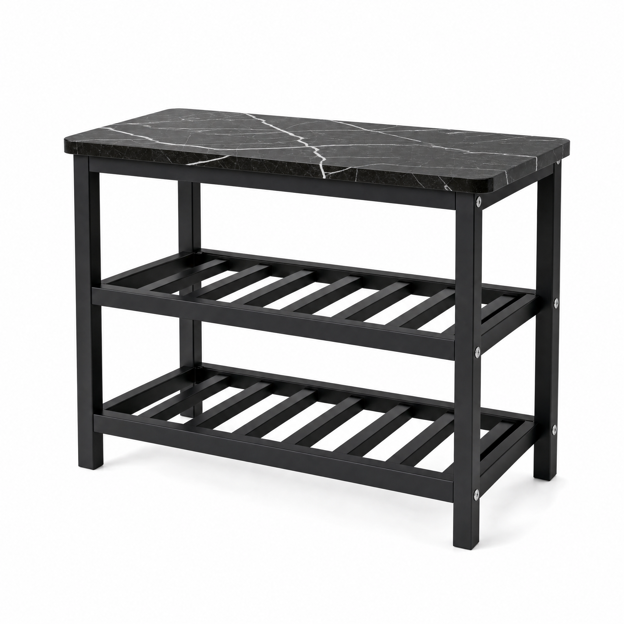 Linea Bassa Shoe Rack, black steel frame with marble-look top, studio white background