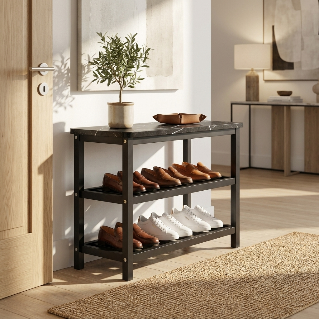 Linea Bassa Shoe Rack styled in a bright modern entryway