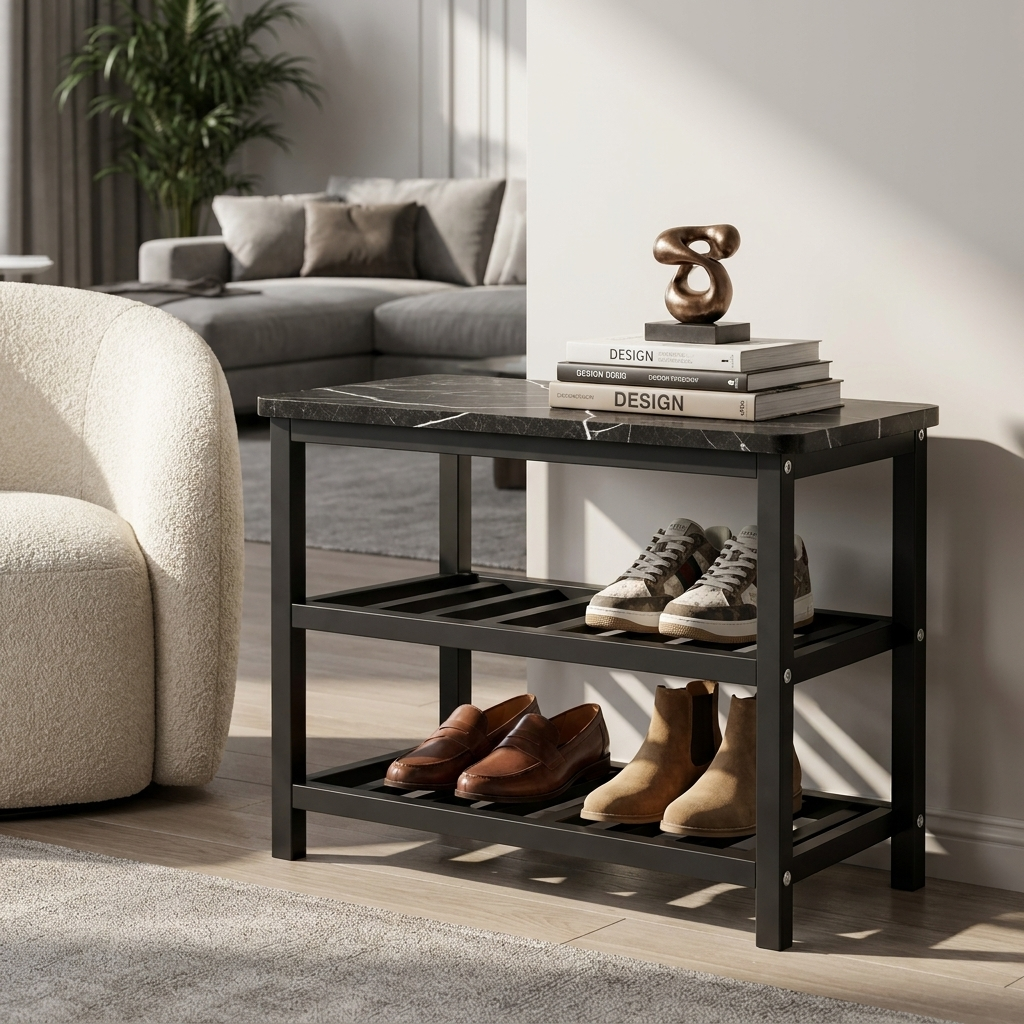 Linea Bassa Shoe Rack in a modern living room corner