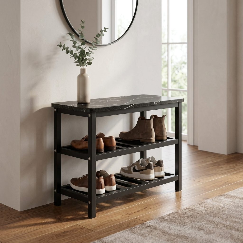 Linea Bassa Shoe Rack in a serene minimalist hallway with a round mirror
