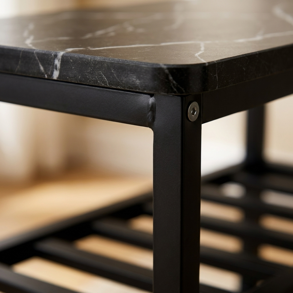 Close-up detail of the marble top meeting the black steel frame and slat shelf