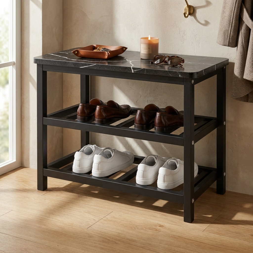 Linea Bassa Shoe Rack marble top styled with a valet tray, candle and sunglasses
