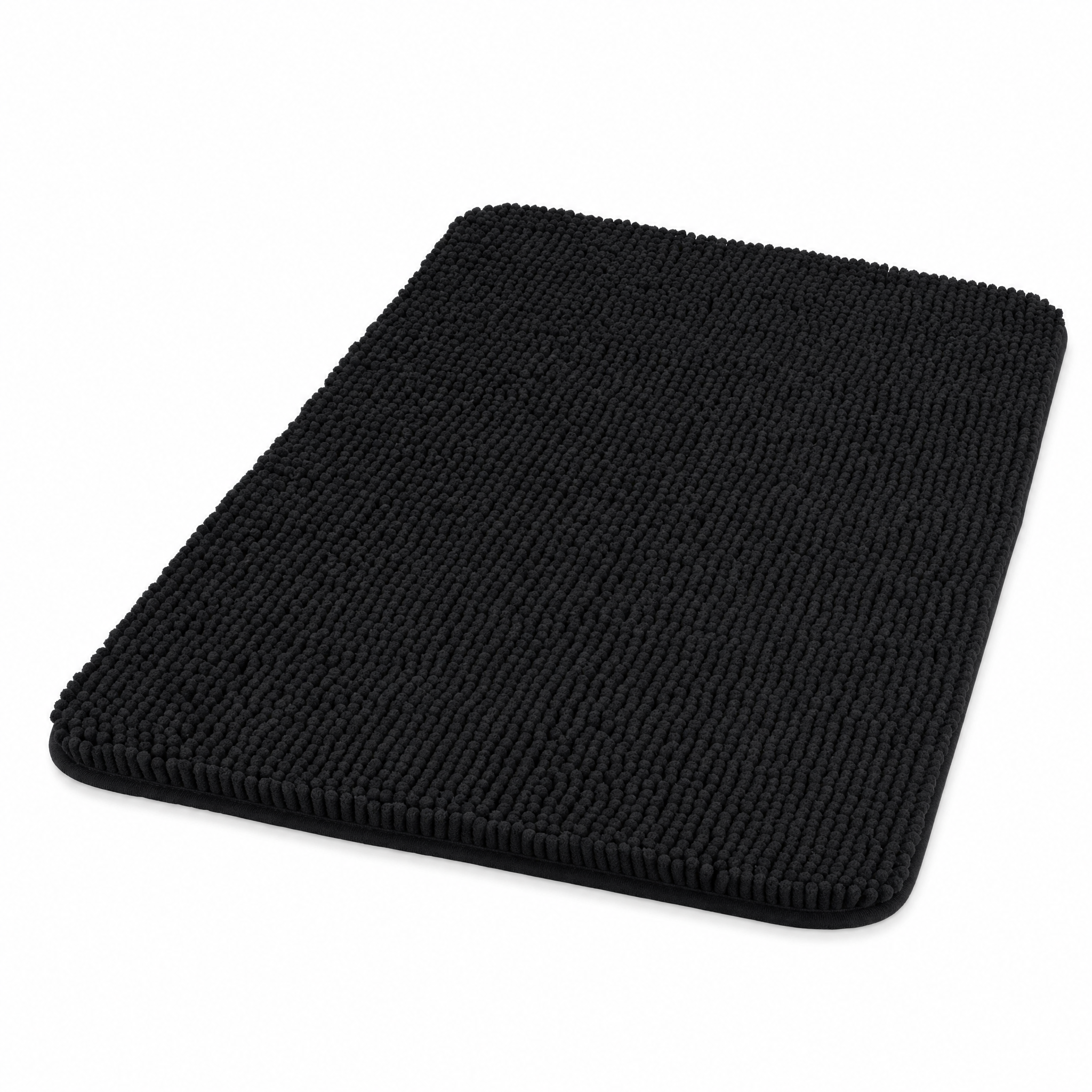 Nuvola Bath Mat in black, plush chenille, studio white background