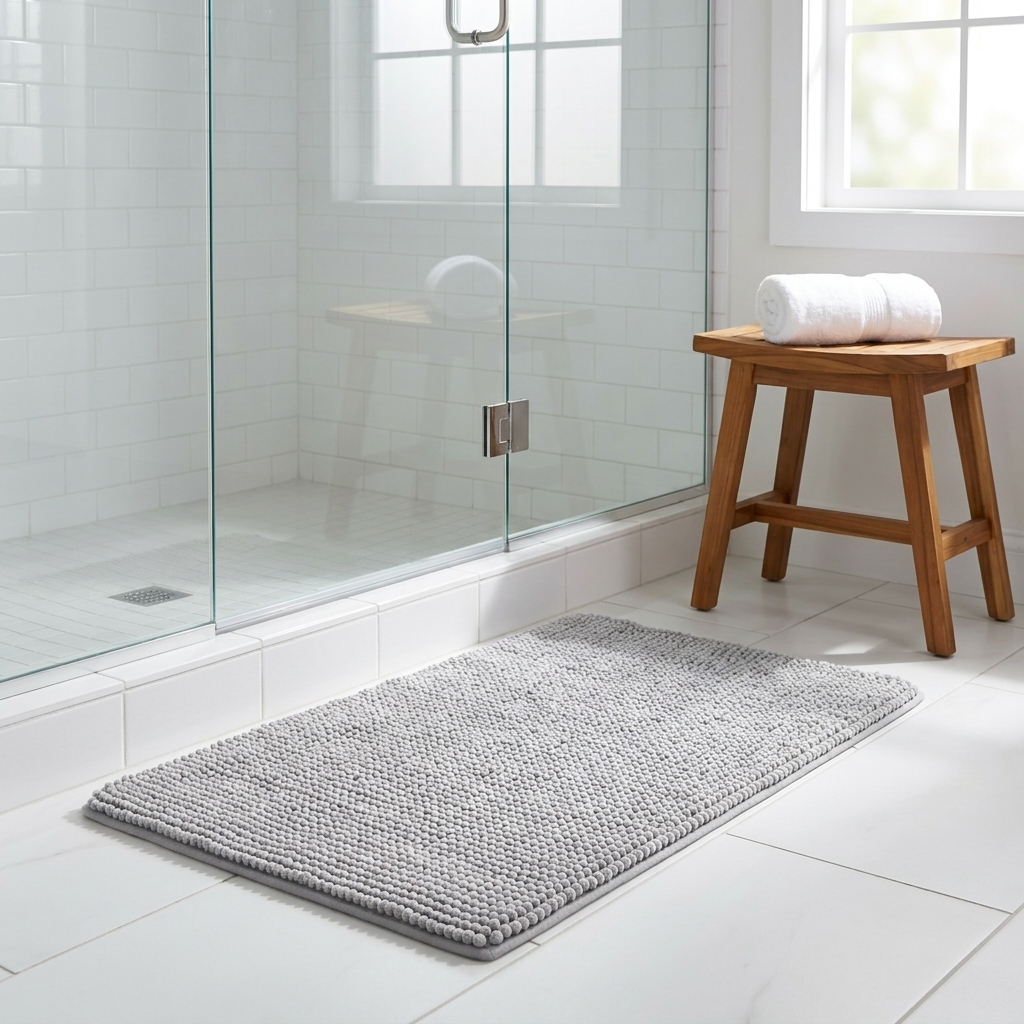 Gray Nuvola bath mat at a walk-in shower entrance
