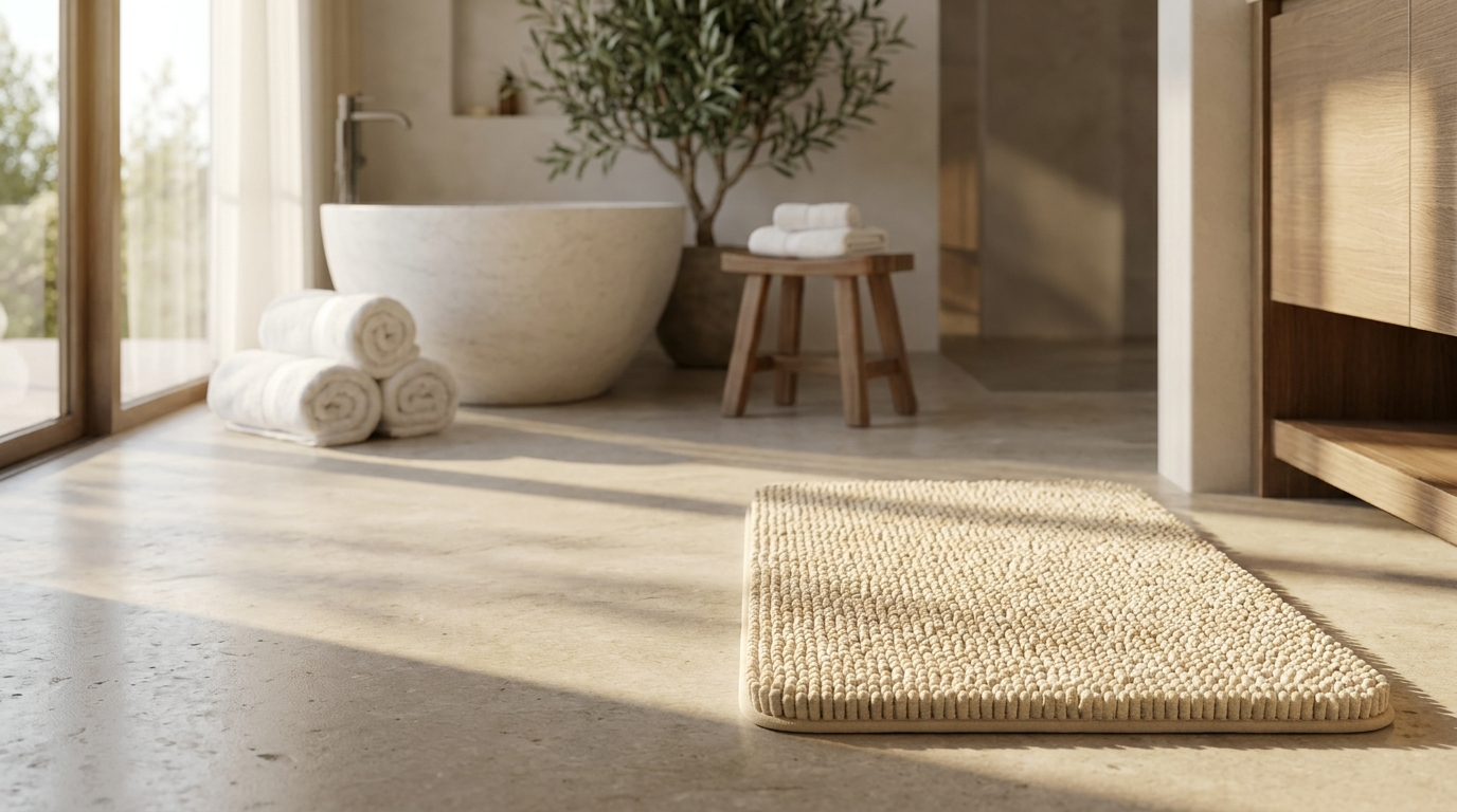 Beige Nuvola bath mat in a spacious spa-like bathroom