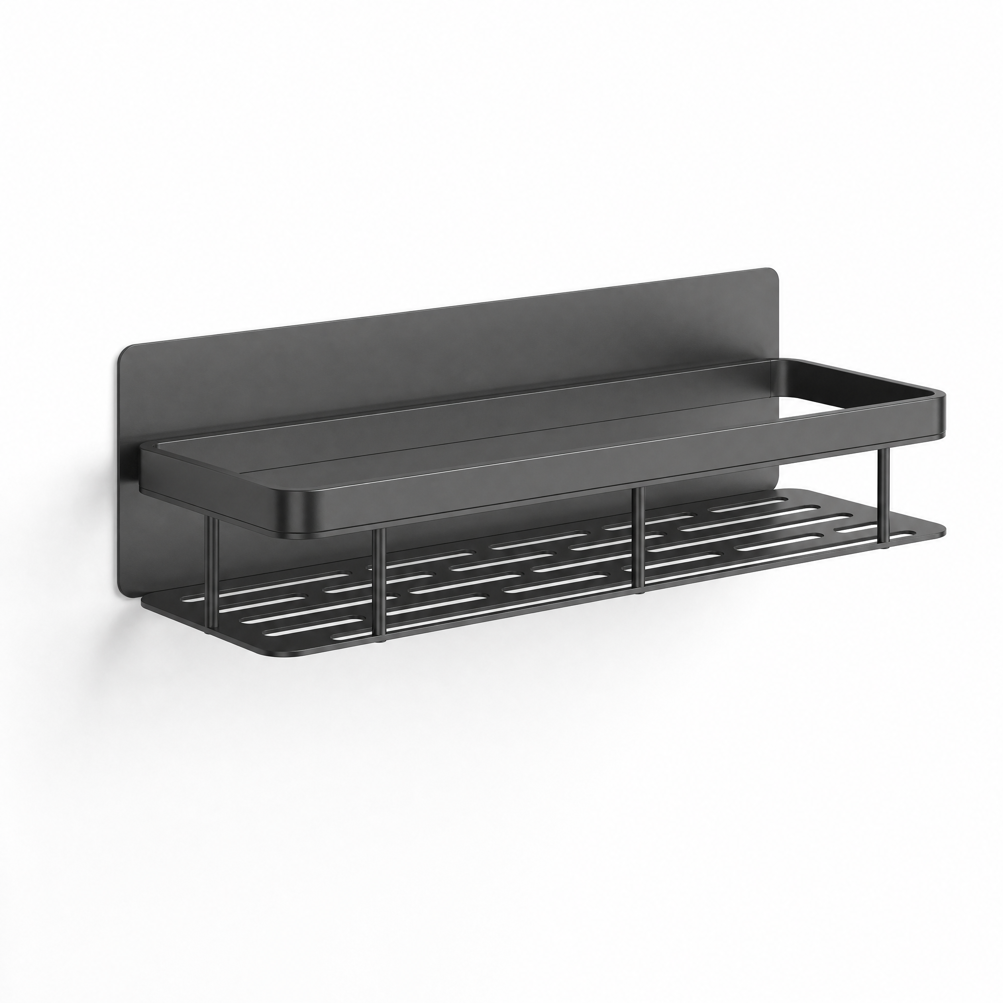Sospesa straight bathroom shelf in matte black, studio white background