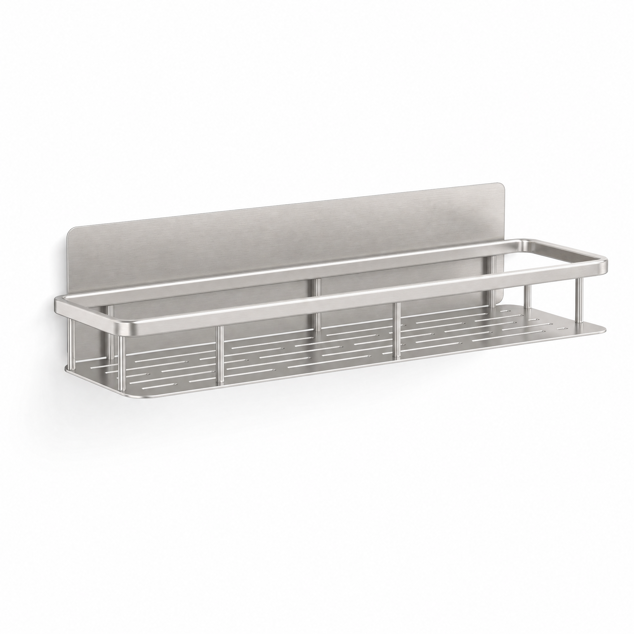 Sospesa straight bathroom shelf in brushed silver, studio white background