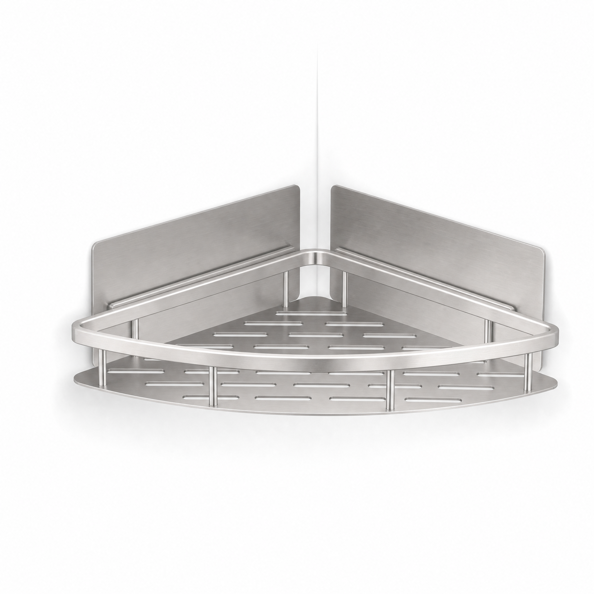 Sospesa corner bathroom shelf in brushed silver, studio white background