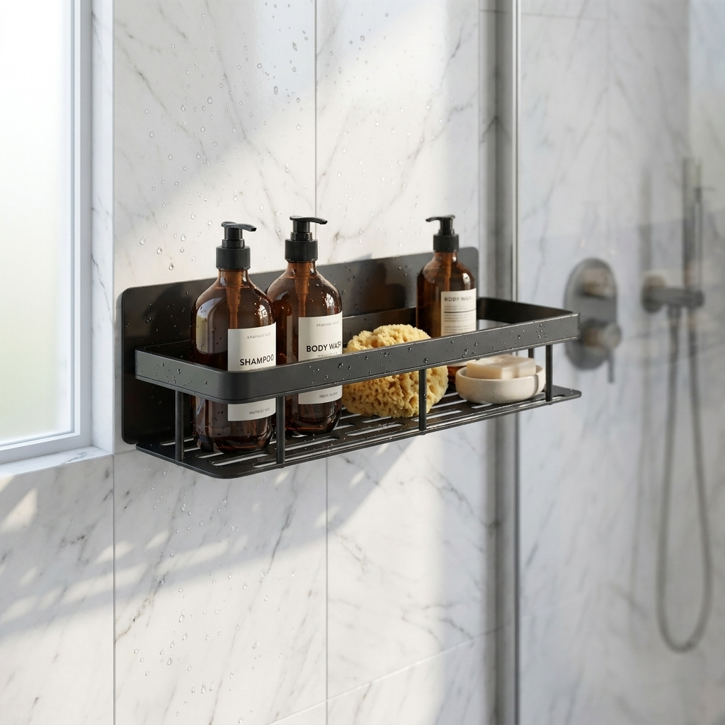 Black Sospesa straight shelf with toiletries in a marble walk-in shower
