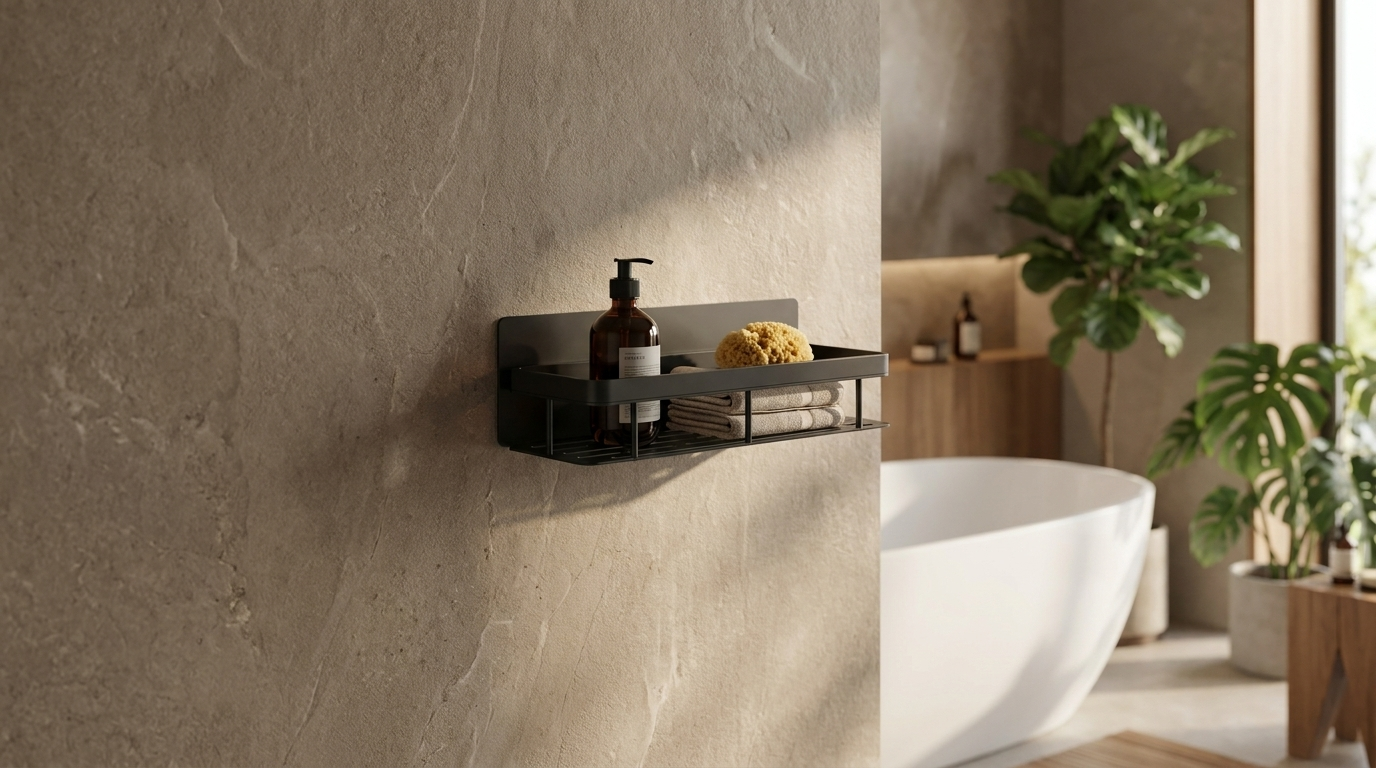 Black Sospesa shelf in a spacious spa bathroom