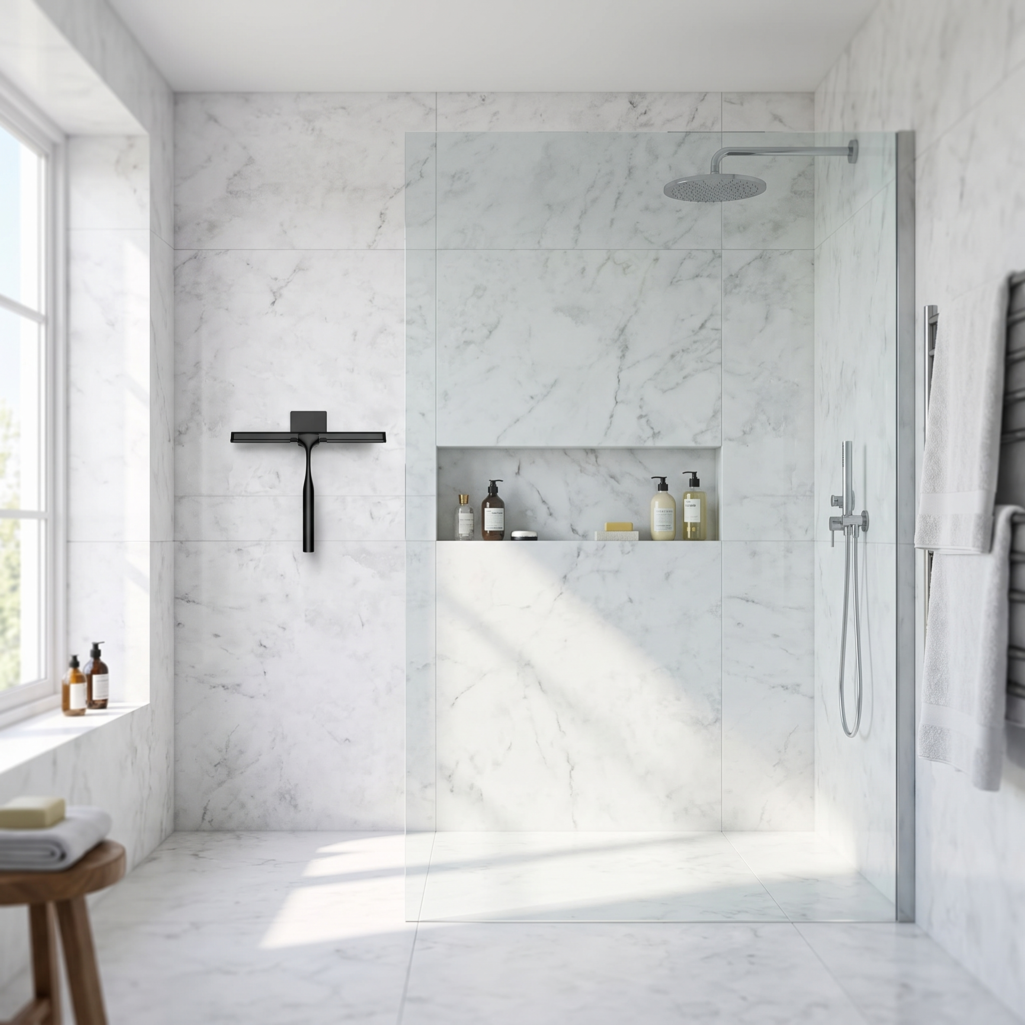 Goccia Lucida matte black shower squeegee hanging on a marble wall in a bright walk-in shower