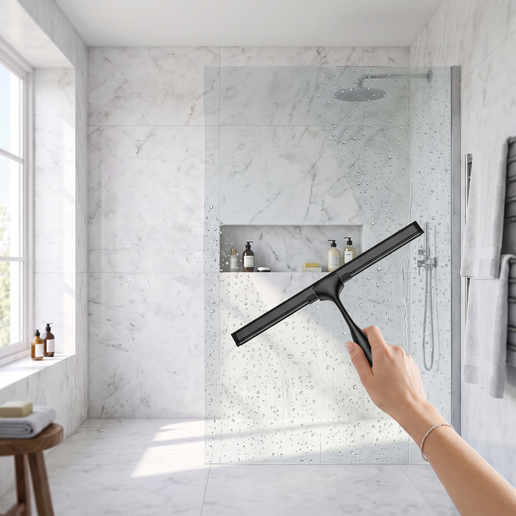 Hand wiping a glass shower door streak free with the black silicone shower squeegee