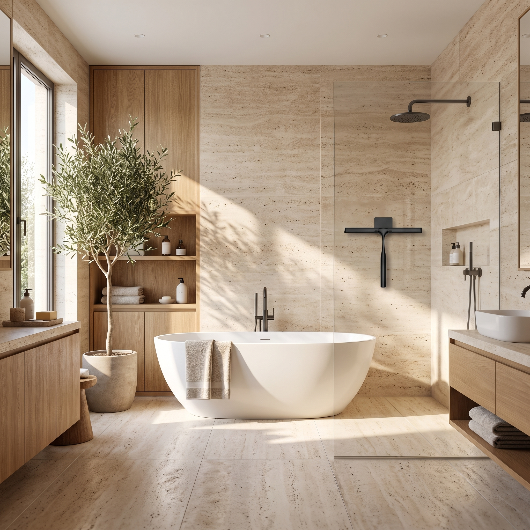 Black shower squeegee in a spa bathroom with a freestanding tub