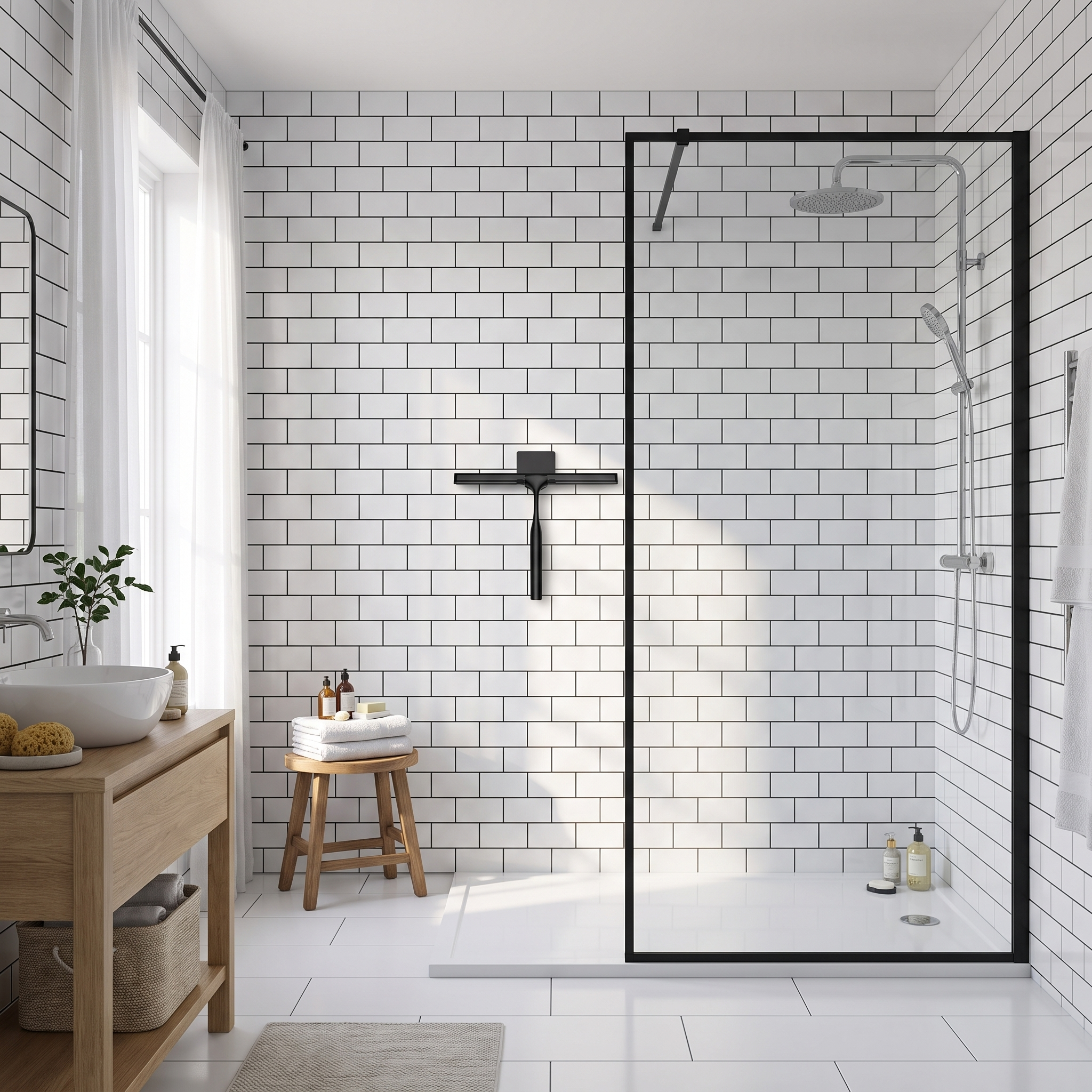 Matte black shower squeegee in a bright Scandinavian bathroom with subway tiles