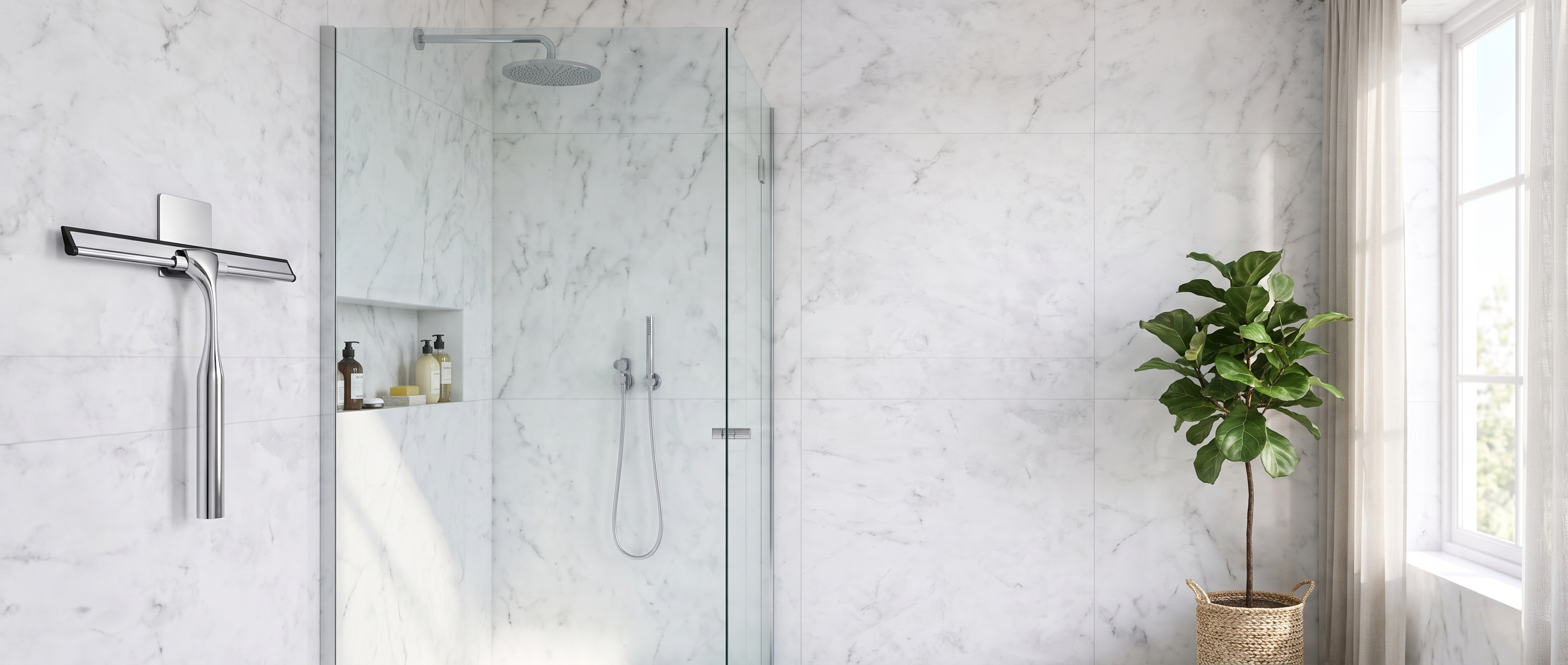 Goccia Lucida chrome shower squeegee in a bright marble bathroom