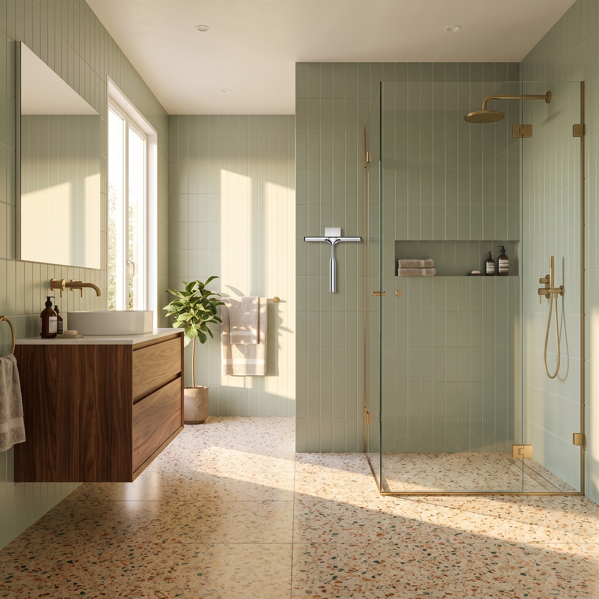 Goccia Lucida chrome shower squeegee in a sage green terrazzo bathroom