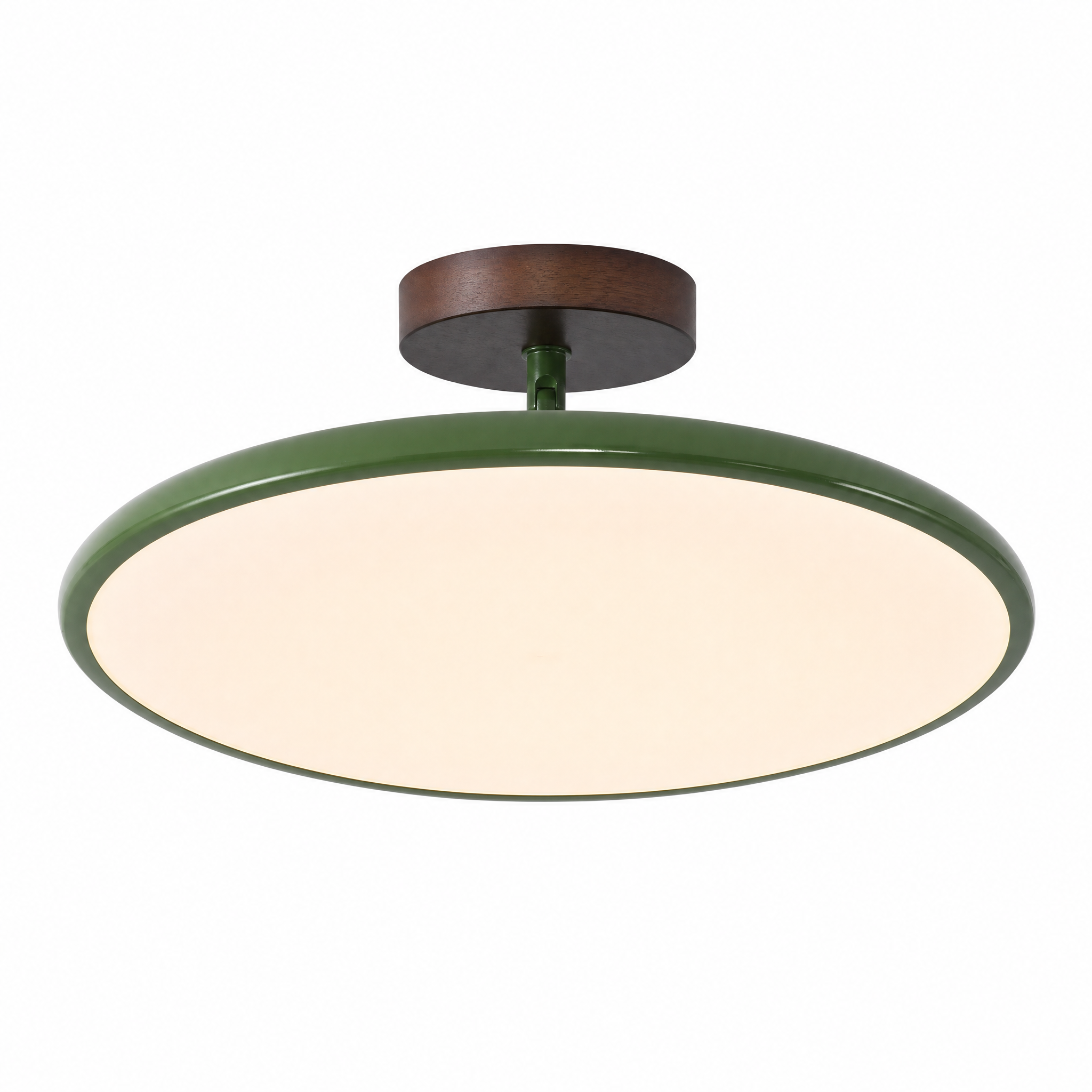 Olive green saucer ceiling light on a white background