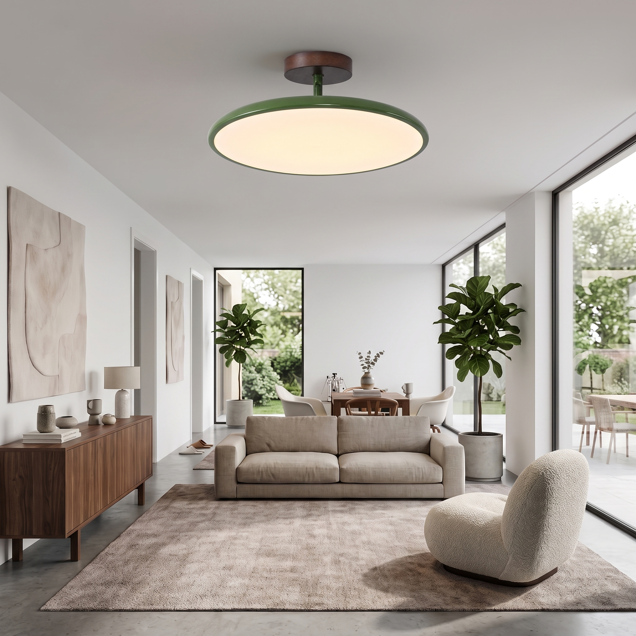 Olive green saucer ceiling light glowing above a mid-century living room