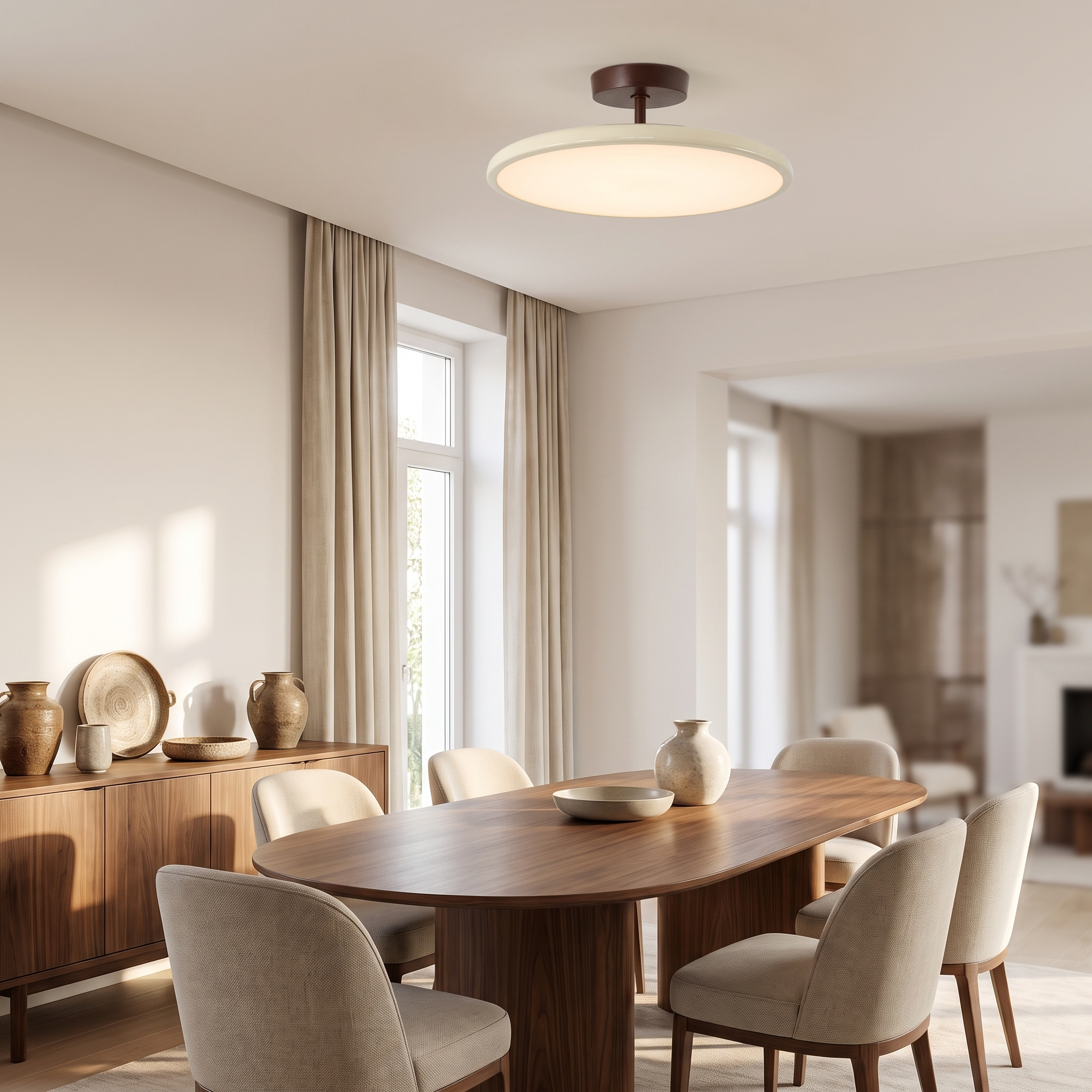 Cream saucer ceiling light centred above a walnut dining table