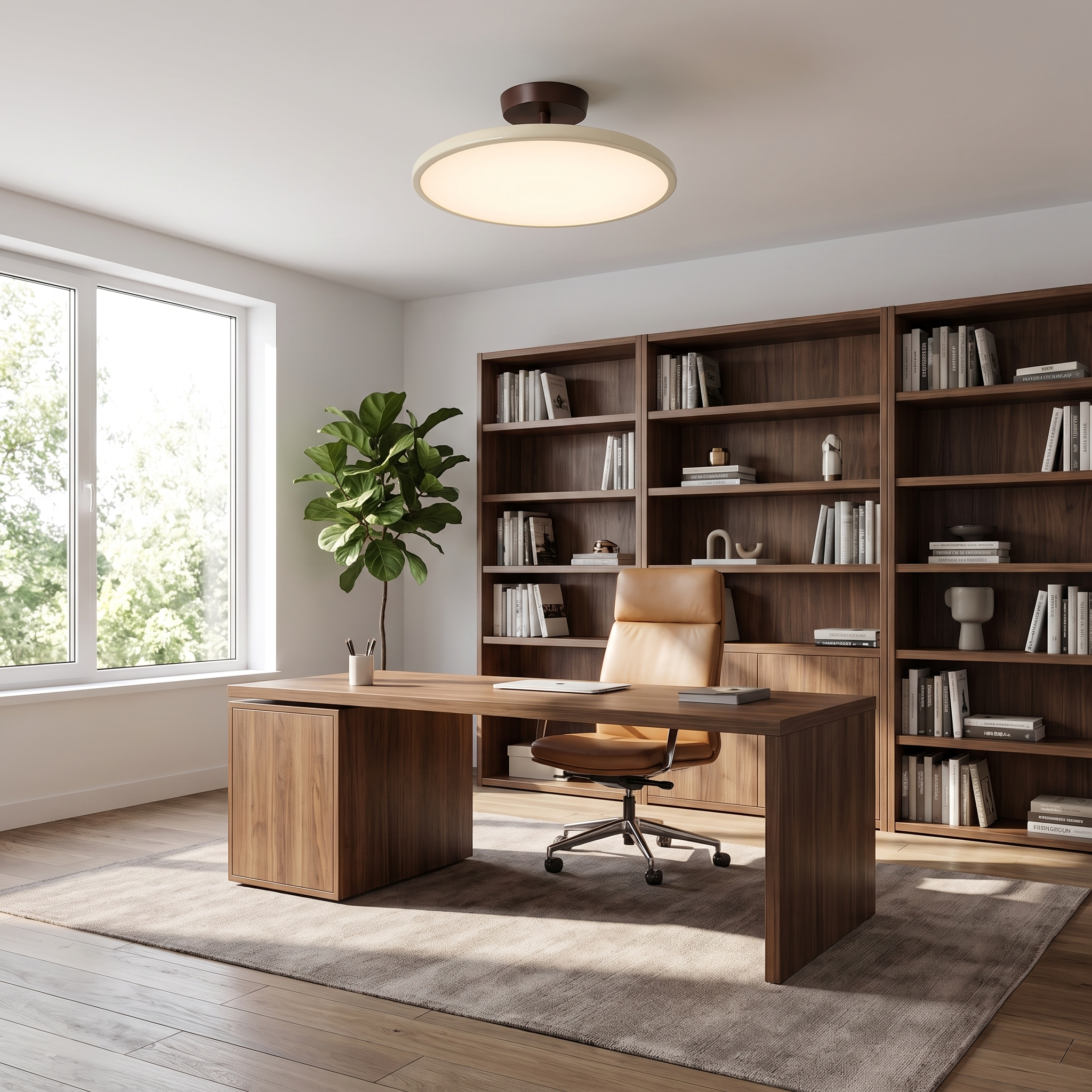 Cream saucer ceiling light above a walnut desk in a home office