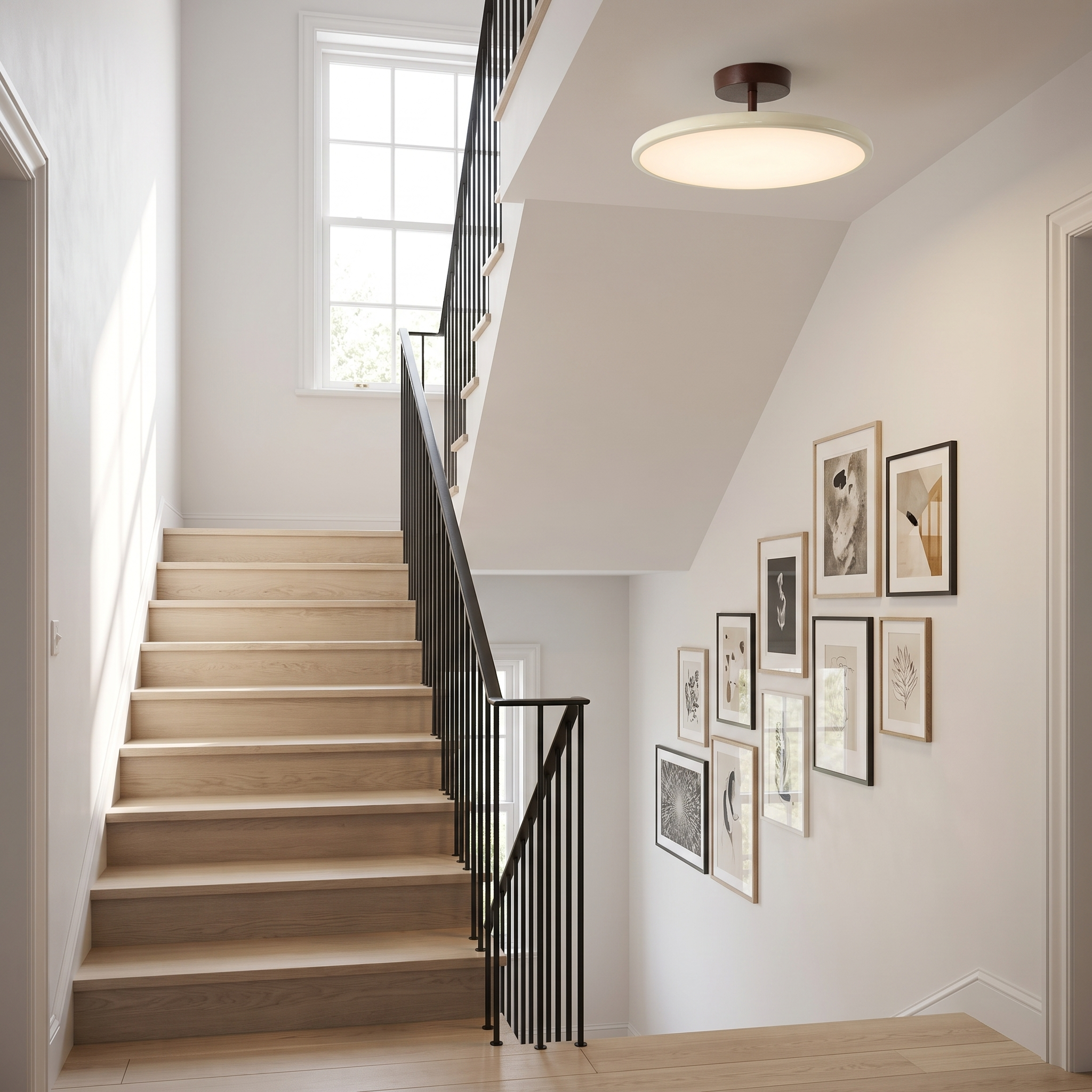 Cream saucer ceiling light on a bright staircase landing