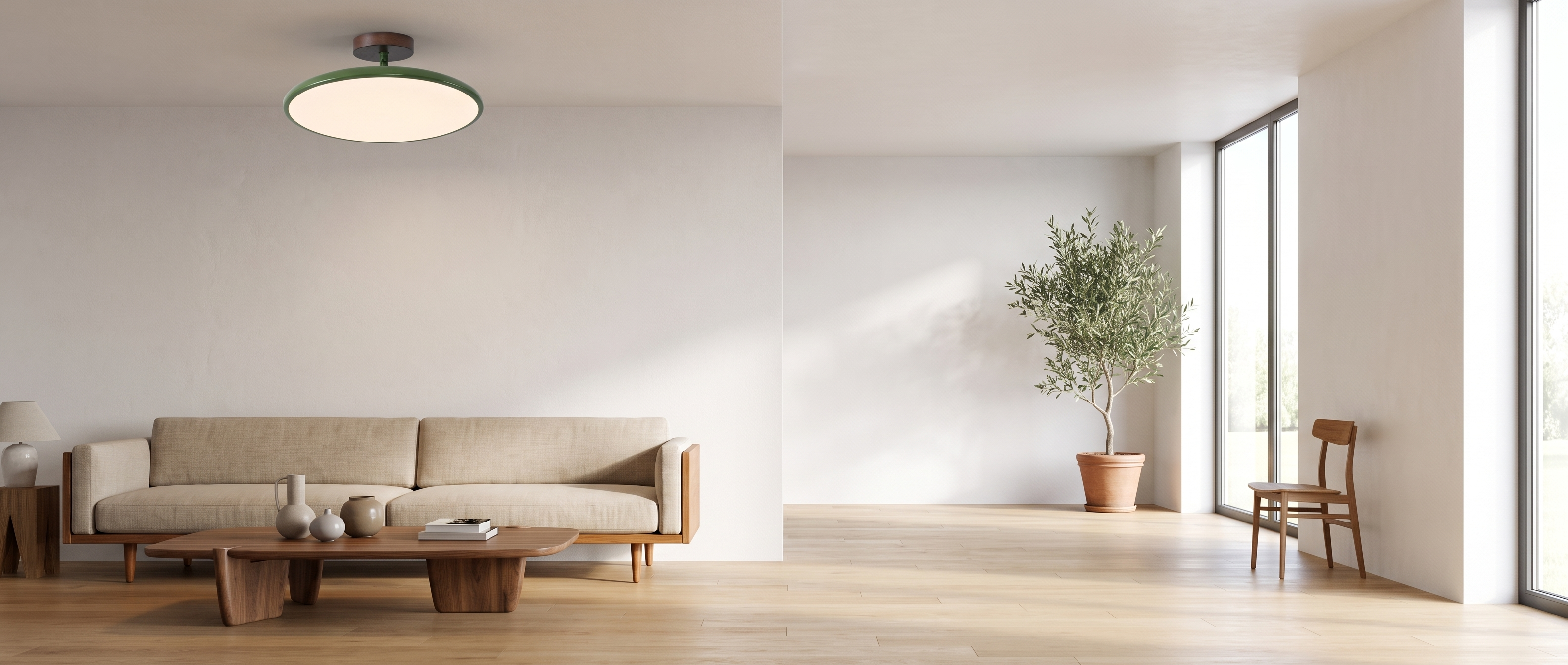 Disco Quieto olive green saucer ceiling light in a mid-century living room