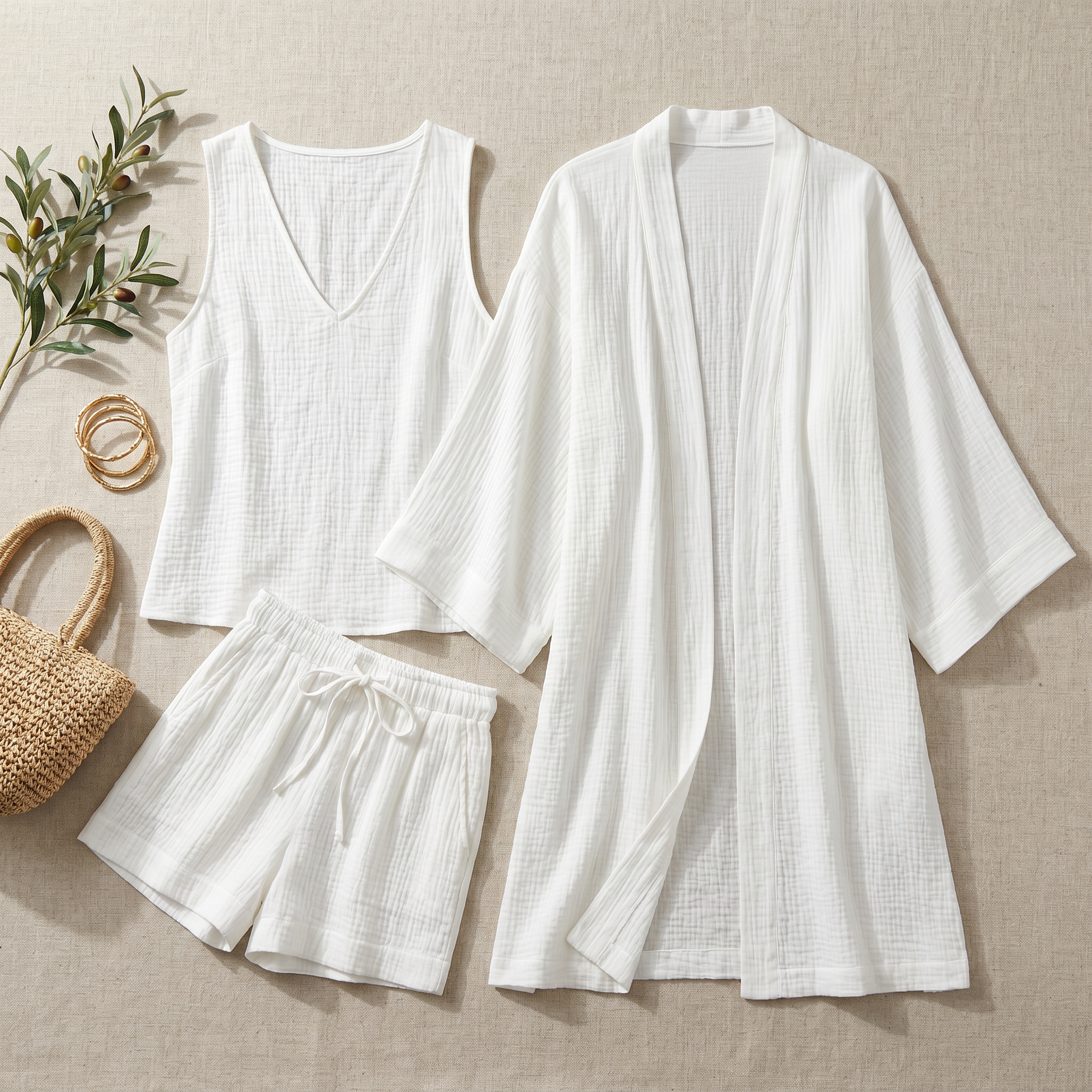 Flat lay of the three piece set: V-neck top, drawstring shorts and long cardigan