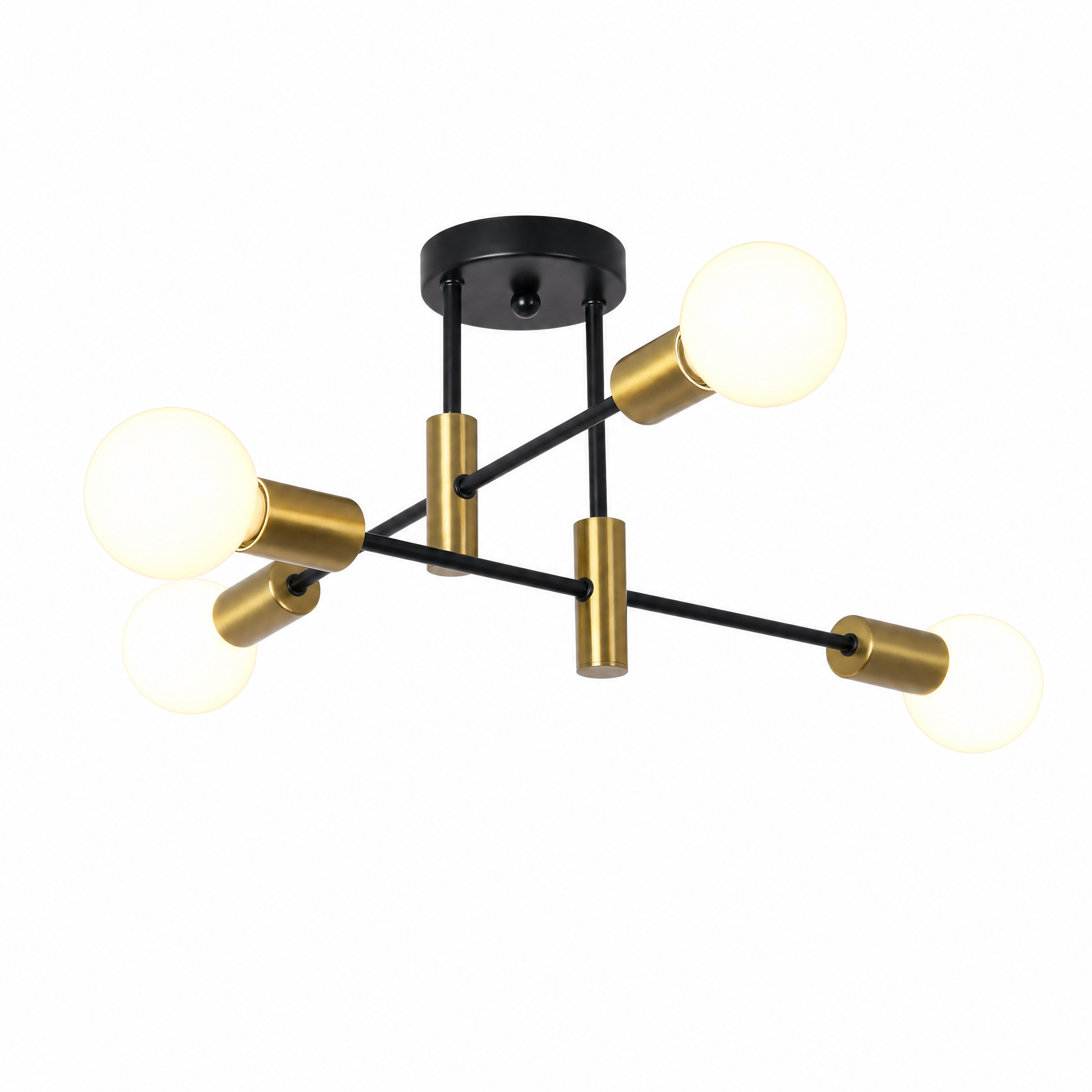 Black and gold 4 light sputnik ceiling light on a white background
