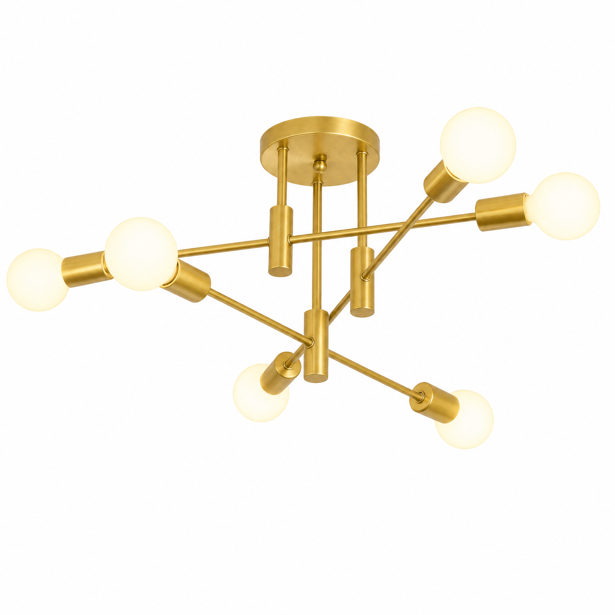 All gold 6 light sputnik ceiling light on a white background