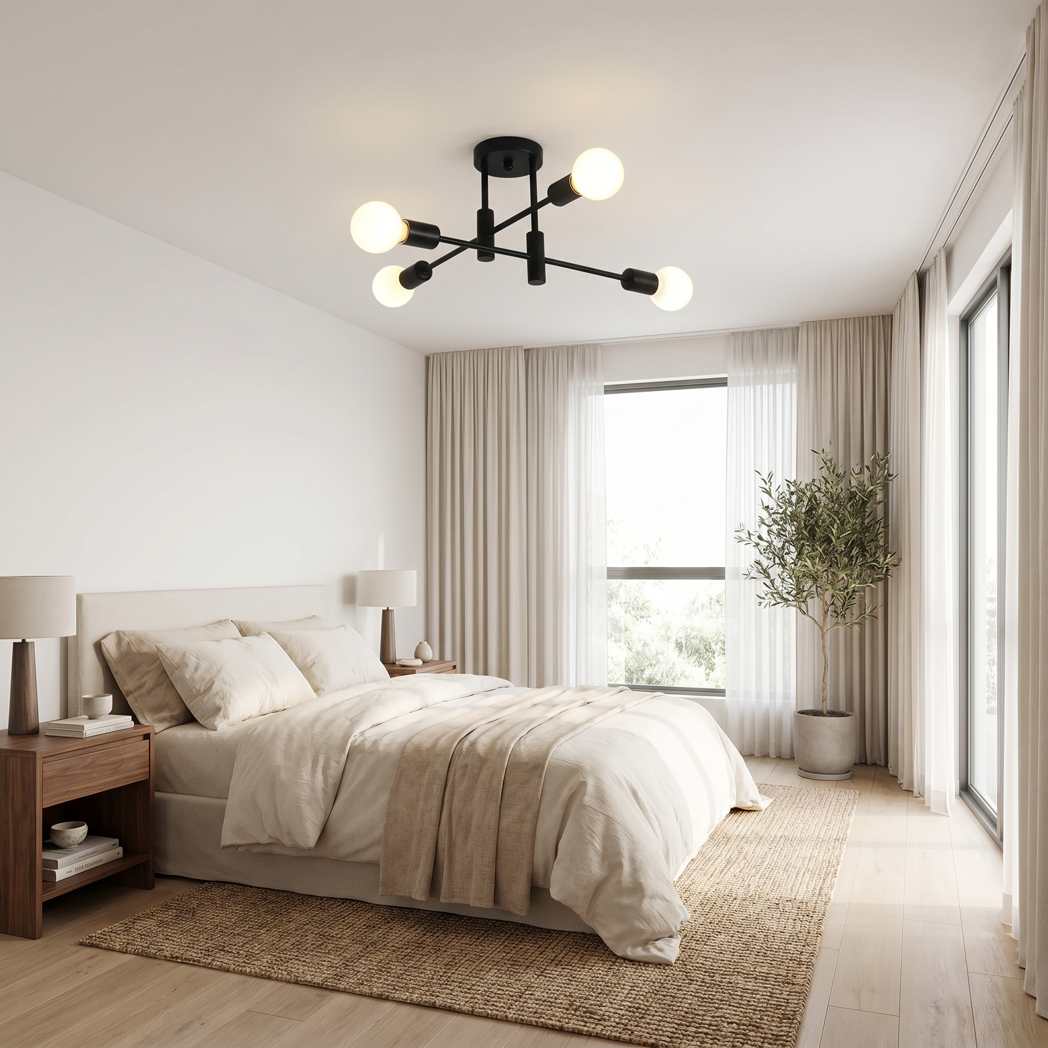 Matte black 4 light sputnik ceiling light in a calm bedroom