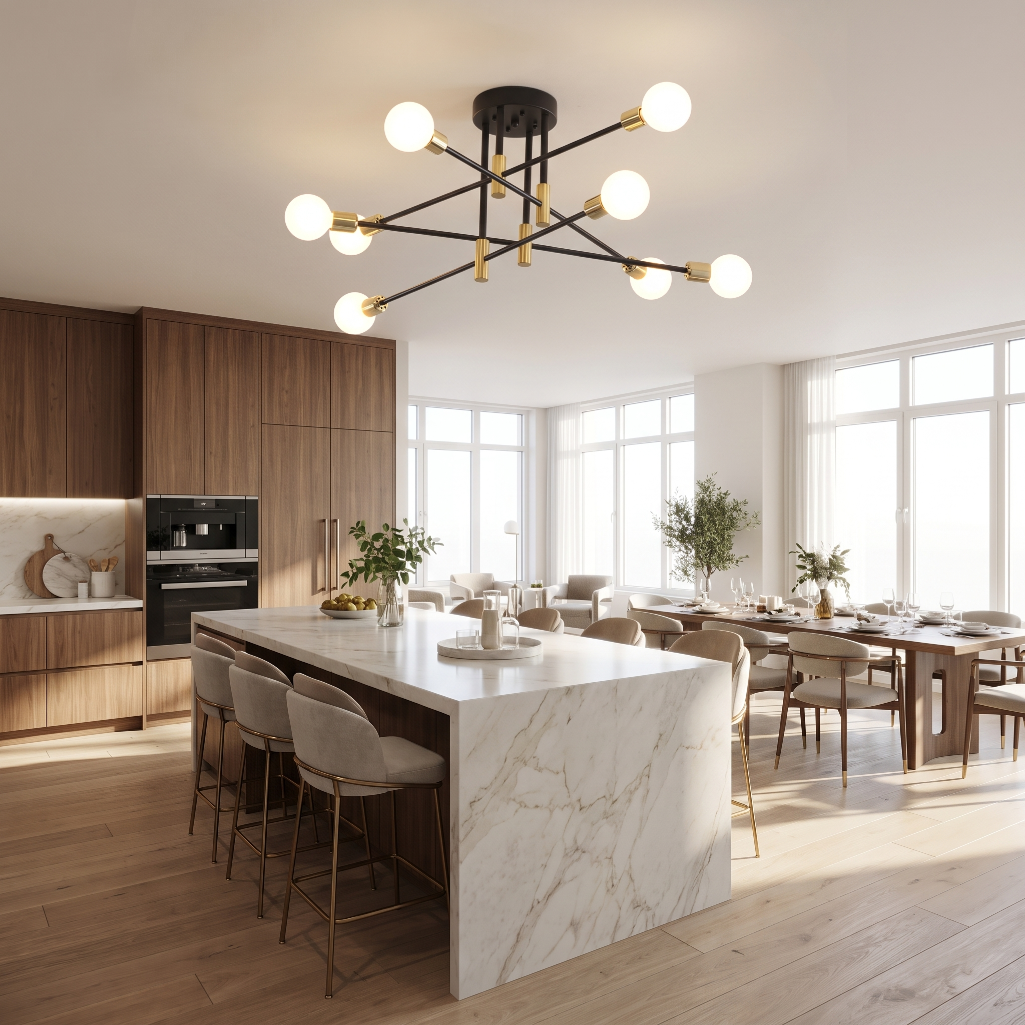 Black and gold 8 light sputnik ceiling light above a kitchen island